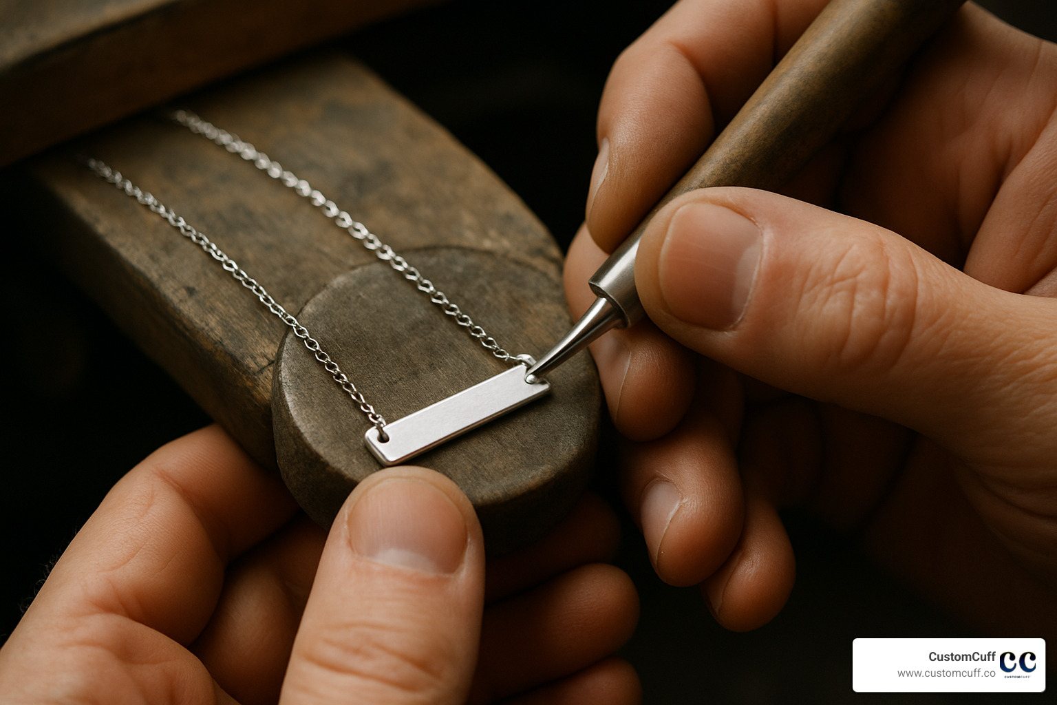 Jeweler engraving a silver bar necklace using precision tools - coordinates jewelry