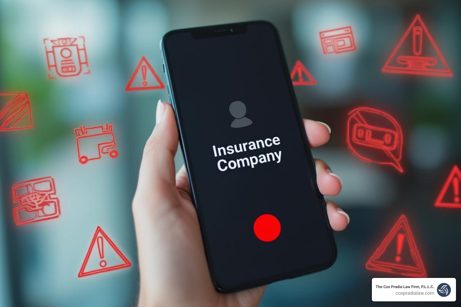 Phone screen showing incoming call from insurance company, with warning symbols indicating danger of answering without legal representation - Houston vehicle accident attorney