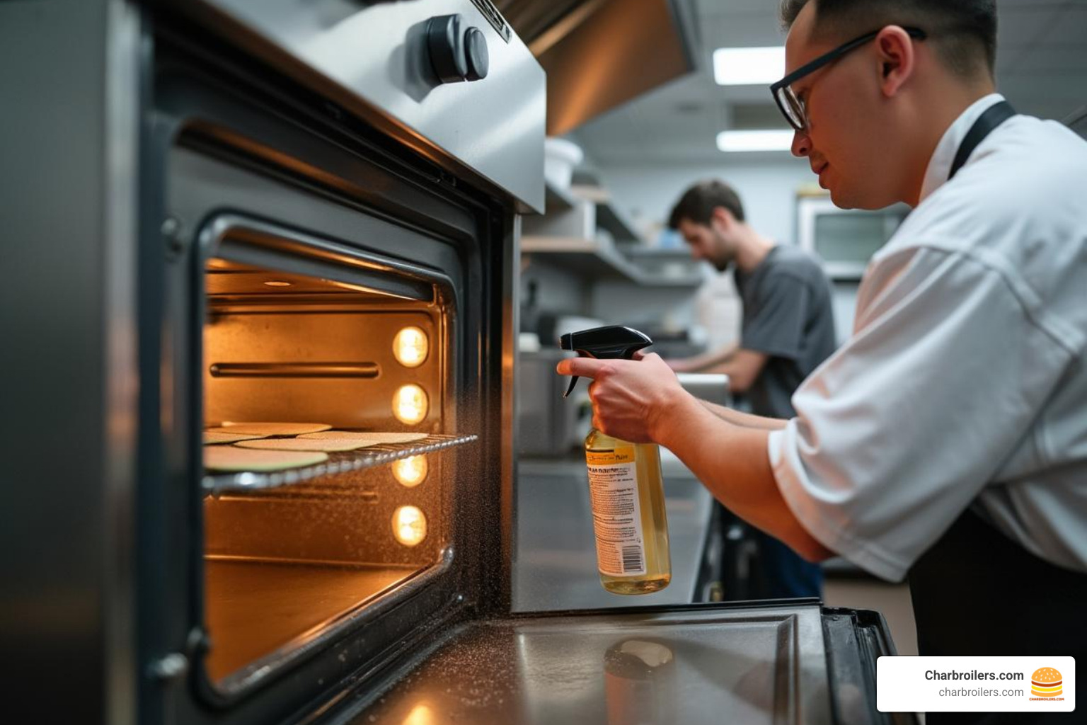 Restaurant staff cleaning stainless steel commercial oven interior with non-abrasive pads and food-safe degreaser - used commercial convection ovens