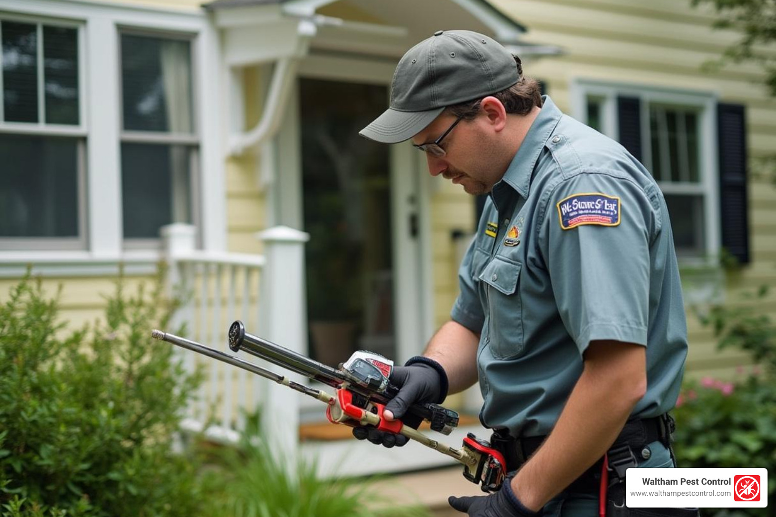 Waltham Pest Control technician performing a thorough termite inspection at a Massachusetts home - good termite company