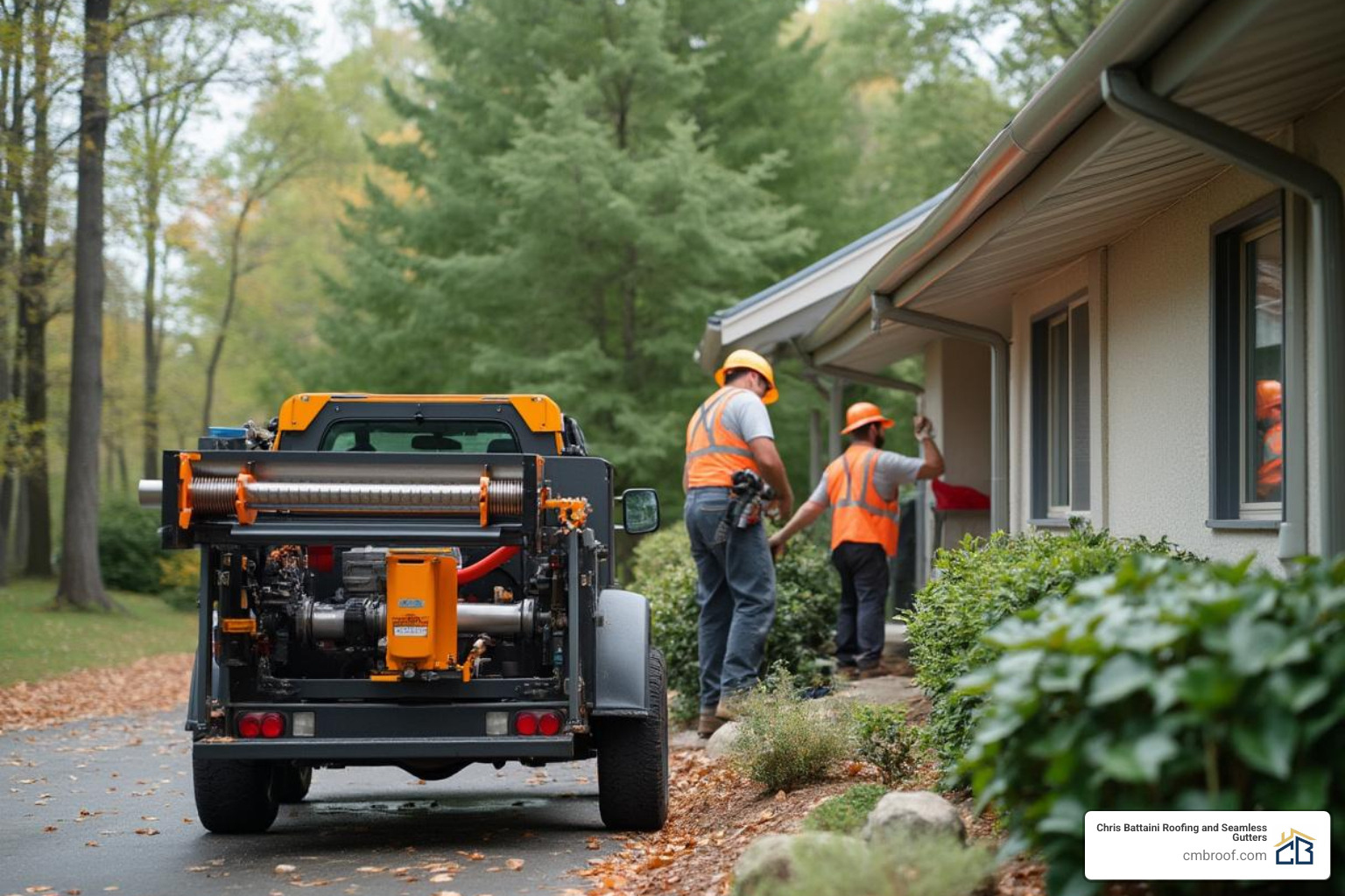 photo: crew installing seamless gutters with mobile roll-forming machine in driveway - one piece seamless gutter system