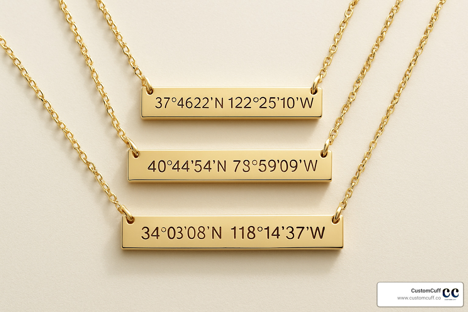Bar necklaces layered together, each engraved with different coordinates - coordinates jewelry
