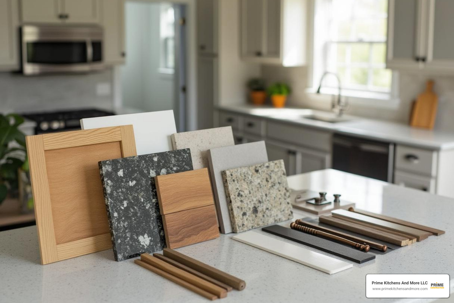 kitchen material palette showing countertop samples, cabinet door styles, and hardware finishes - custom kitchen design