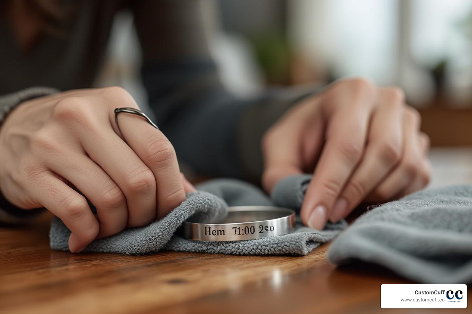 Polishing a silver coordinate bracelet with a microfiber cloth - coordinates jewelry