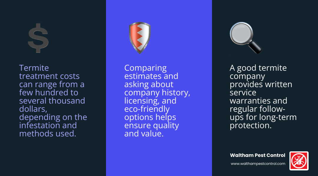 Infographic comparing termite treatment options, warranty terms, and cost ranges - good termite company infographic 3_facts_emoji_blue