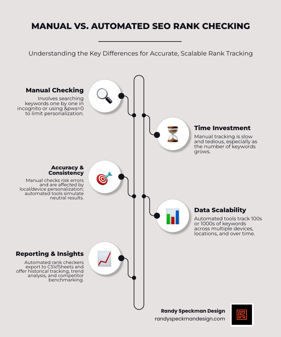 Infographic comparing manual rank checking versus automated tool tracking, showing time investment, accuracy, and scalability differences - Free SEO rank checker infographic infographic-line-5-steps-neat_beige