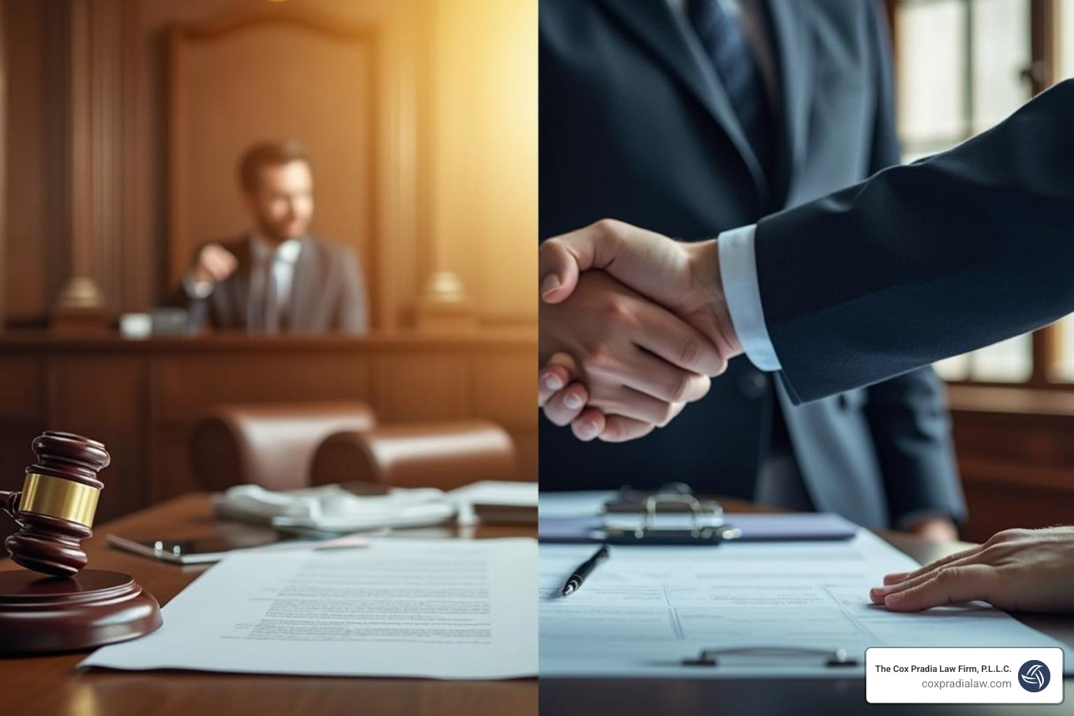 Courtroom scene contrasted with handshake over settlement documents, illustrating the choice between trial and settlement - Houston vehicle accident attorney