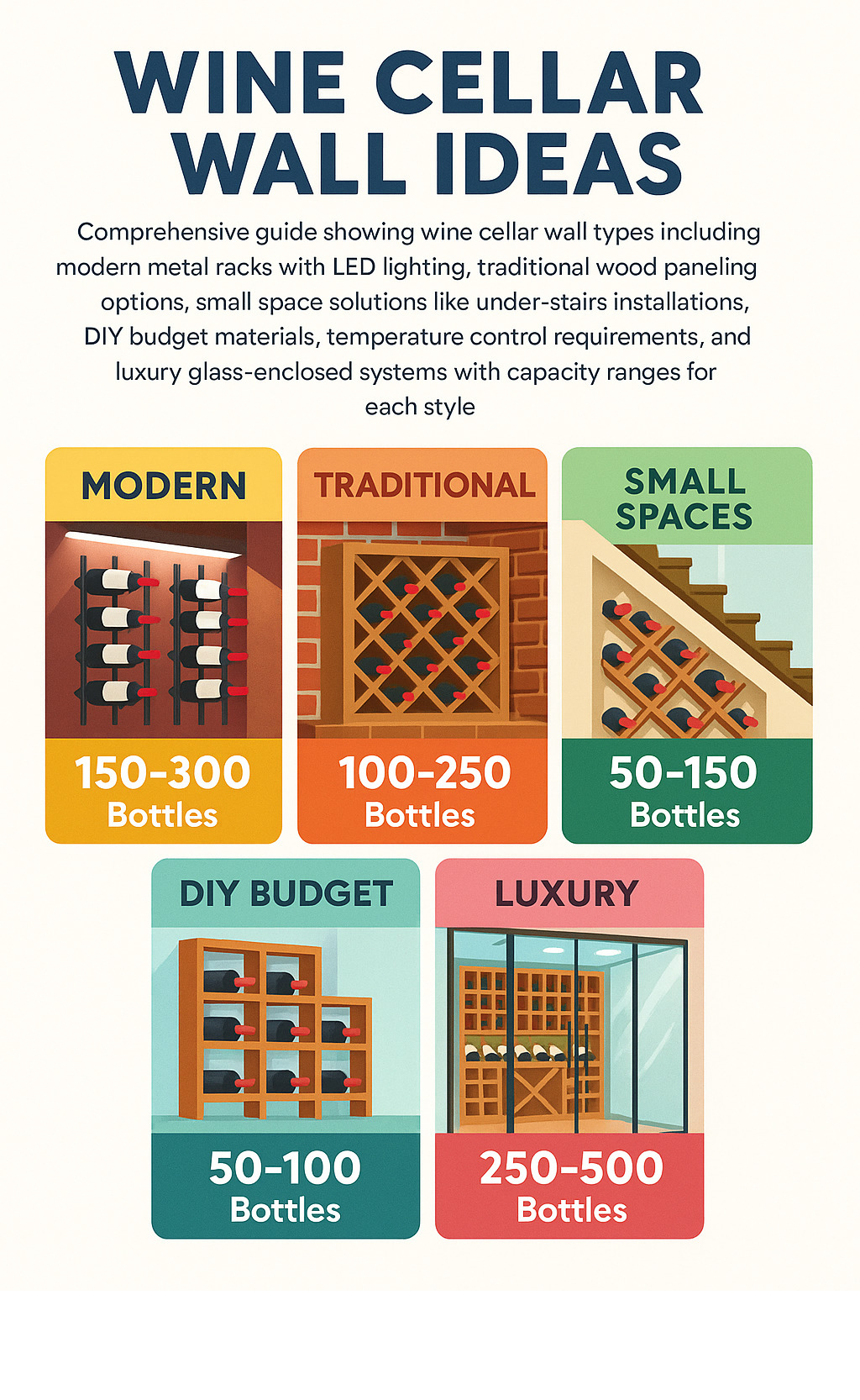 Comprehensive guide showing wine cellar wall types including modern metal racks with LED lighting, traditional wood paneling options, small space solutions like under-stairs installations, DIY budget materials, temperature control requirements, and luxury glass-enclosed systems with capacity ranges for each style - wine cellar wall ideas infographic 