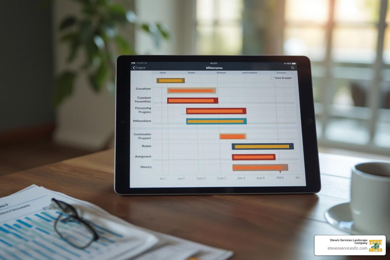 Digital tablet displaying a Gantt chart with project timeline, milestones, and progress tracking - licensed home improvement contractors near me