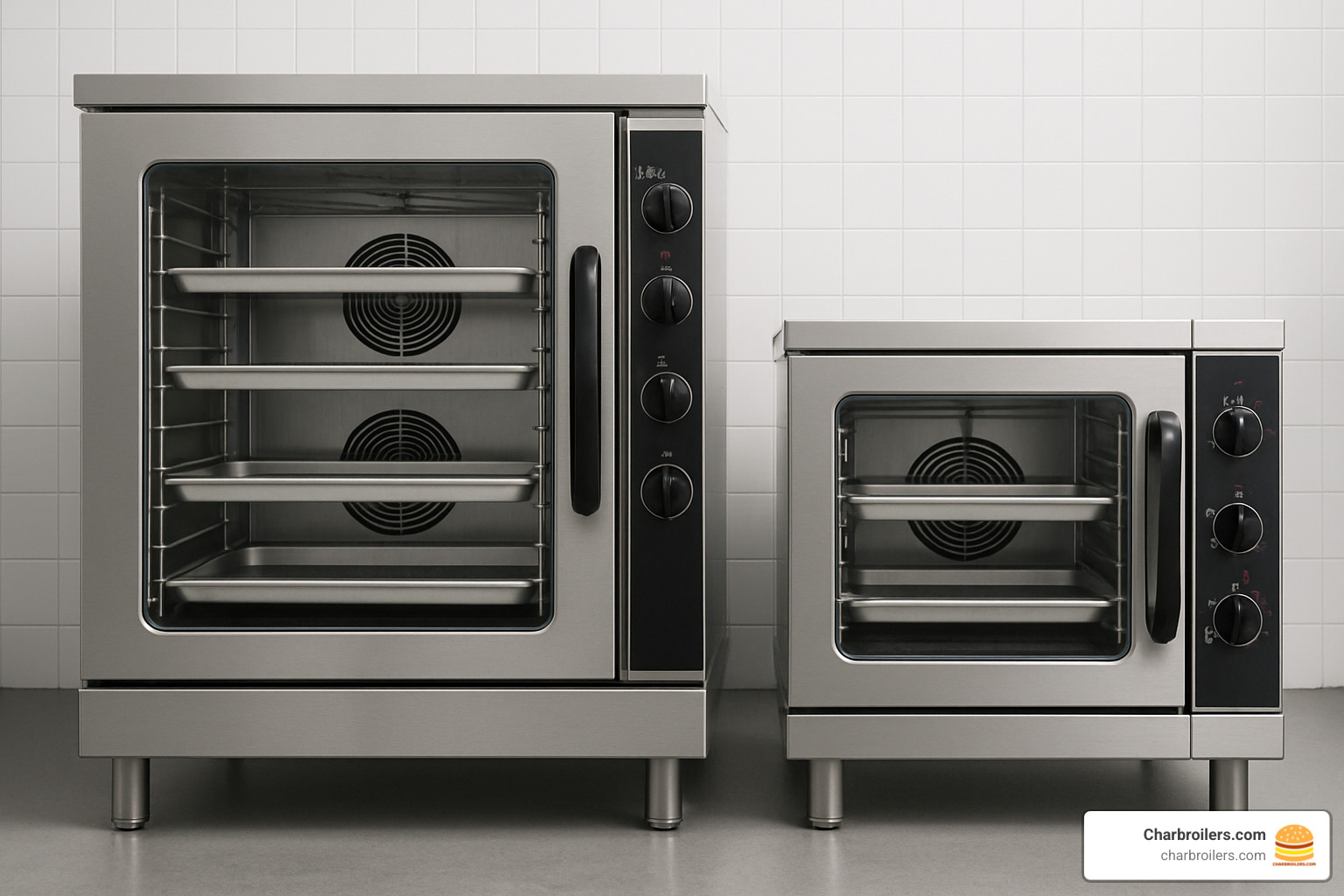 Full-size and half-size commercial convection oven models side-by-side, showing relative footprints and pan capacities - used commercial convection ovens