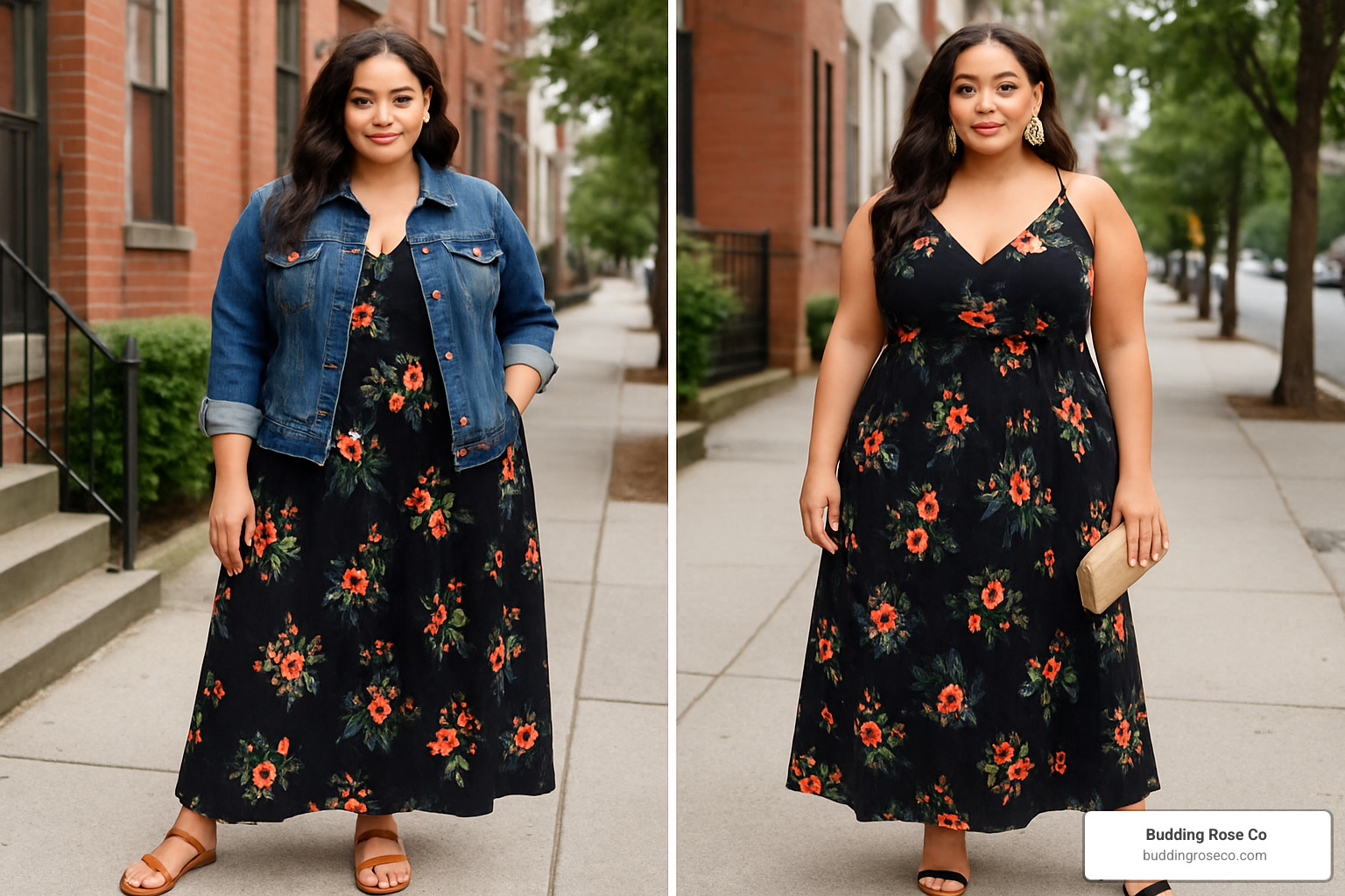styled maxi dress looks showing day to night transitions with different accessories - cute plus size maxi dresses for cheap