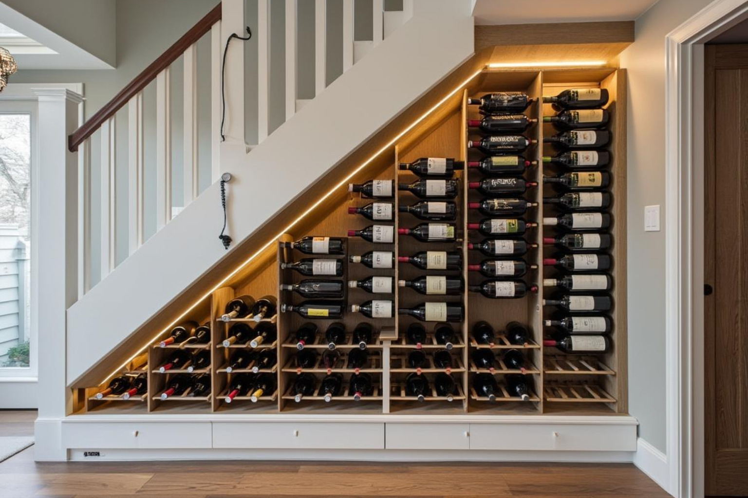 under-stairs wine wall with compact storage - wine cellar wall ideas