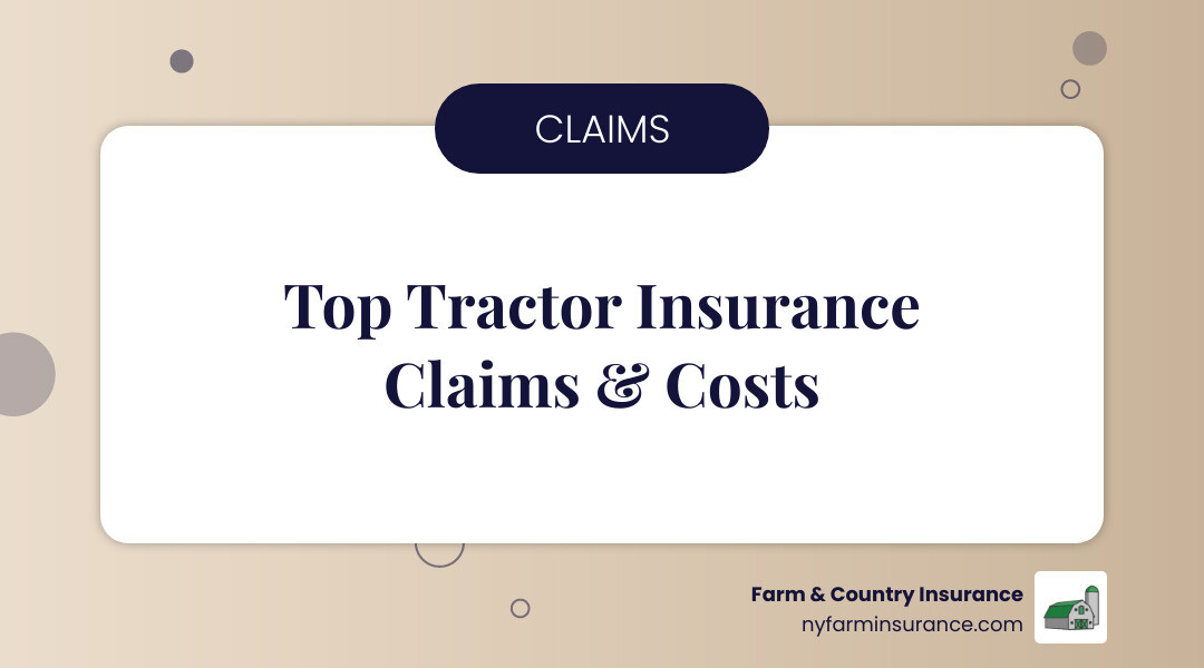 Infographic showing claim statistics: average tractor claim $8,500, most common claims are theft (35%), collision (28%), weather damage (22%), fire (15%) - insurance for a tractor infographic simple-info-landscape-card