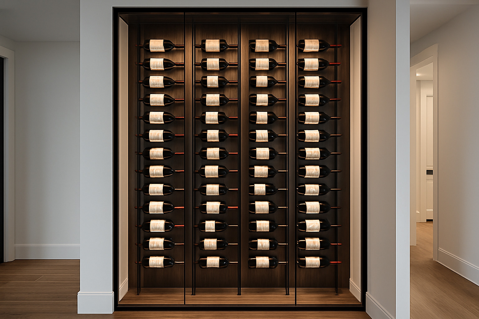 sleek metal wine racks with LED lighting and glass enclosures - wine cellar wall ideas