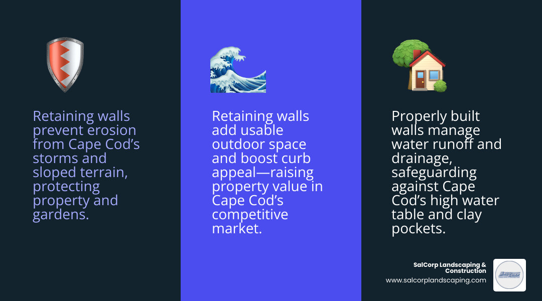 Infographic showing Cape Cod retaining wall benefits including erosion prevention, slope management, usable space creation, and property value increase with specific solutions for sandy soil, clay pockets, and coastal conditions - Cape Cod retaining walls infographic 3_facts_emoji_blue