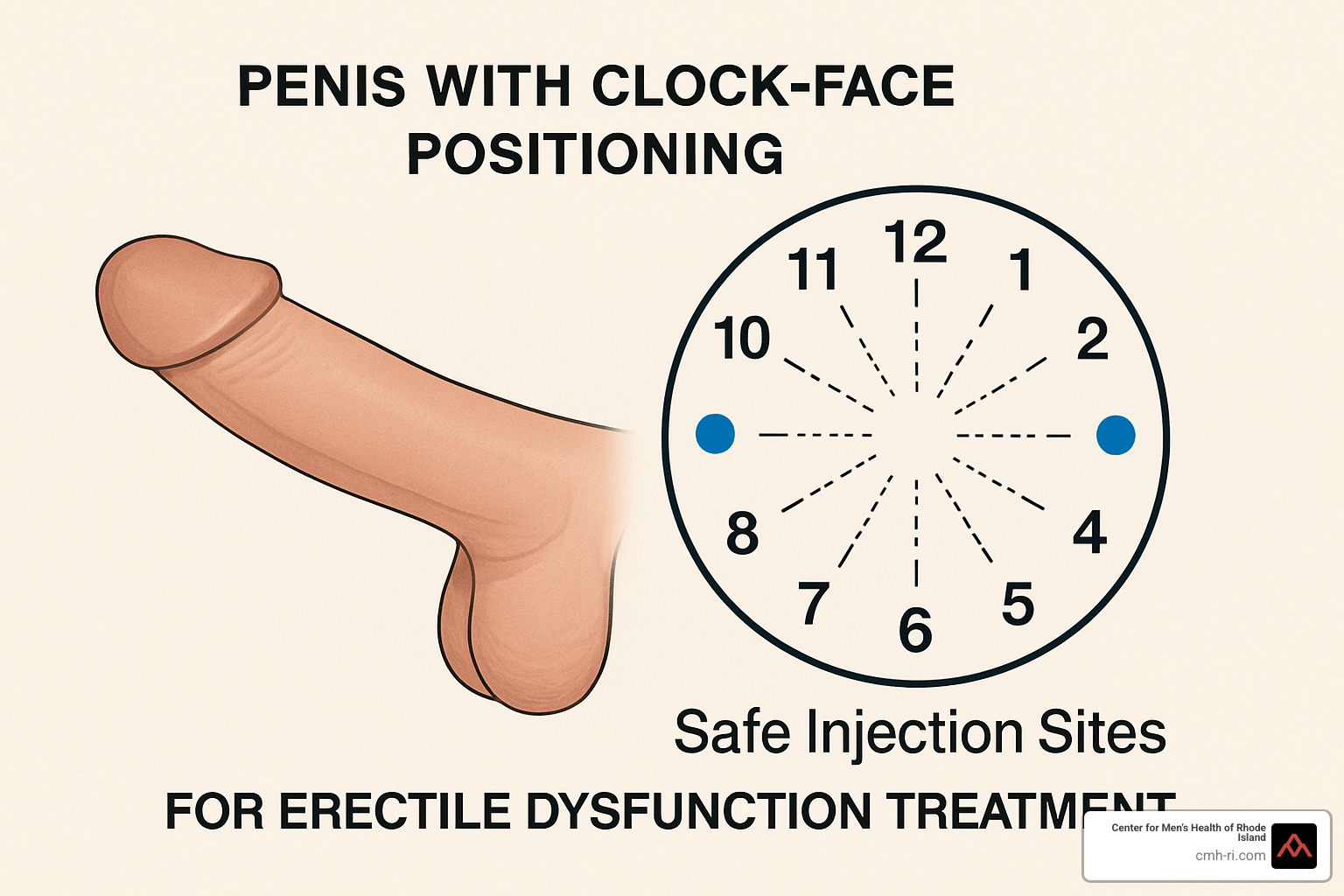 Penis injection site diagram showing proper clock-face positioning - erectile dysfunction shot treatments