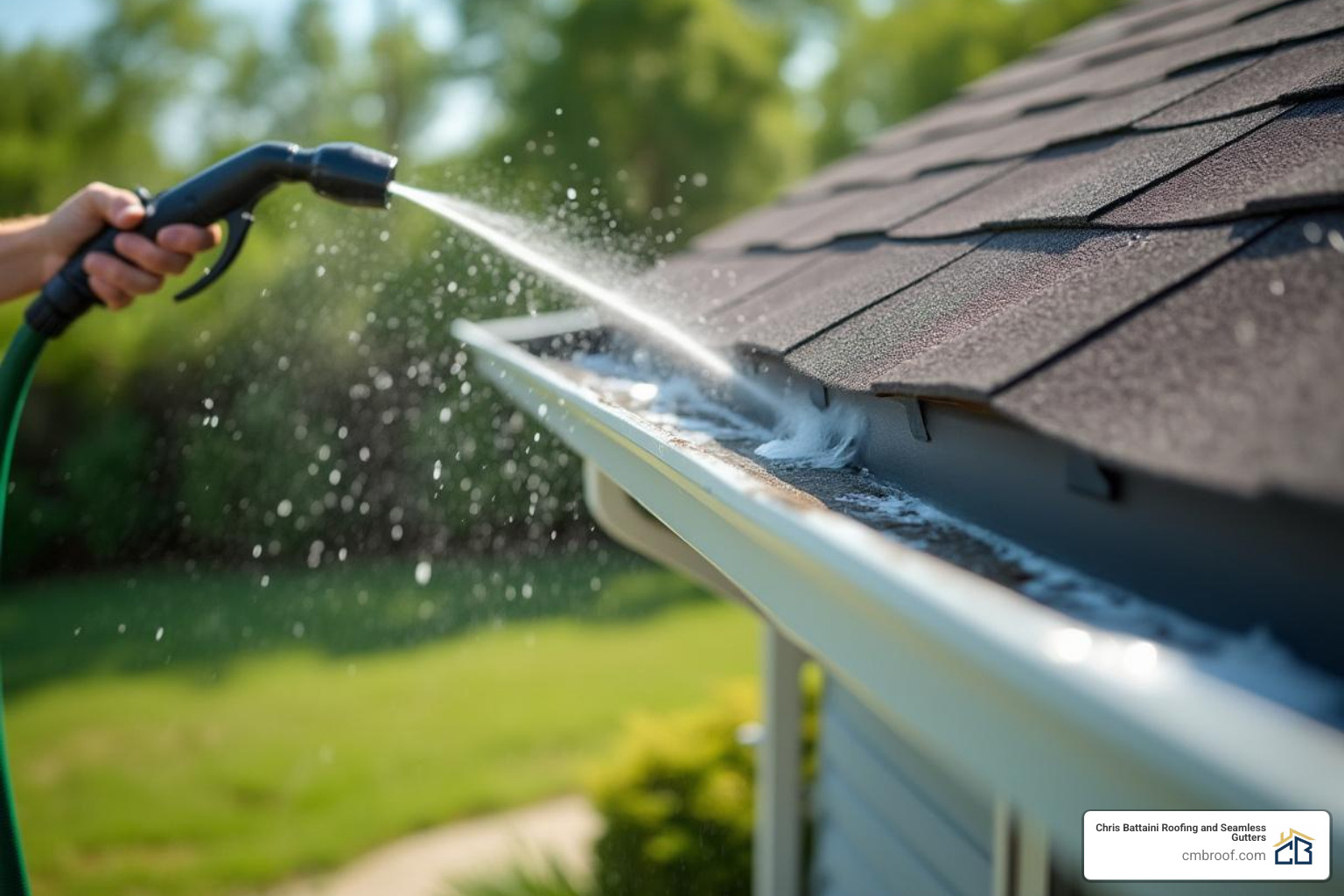 image: homeowner safely rinsing out seamless gutters from the ground with a hose - one piece seamless gutter system