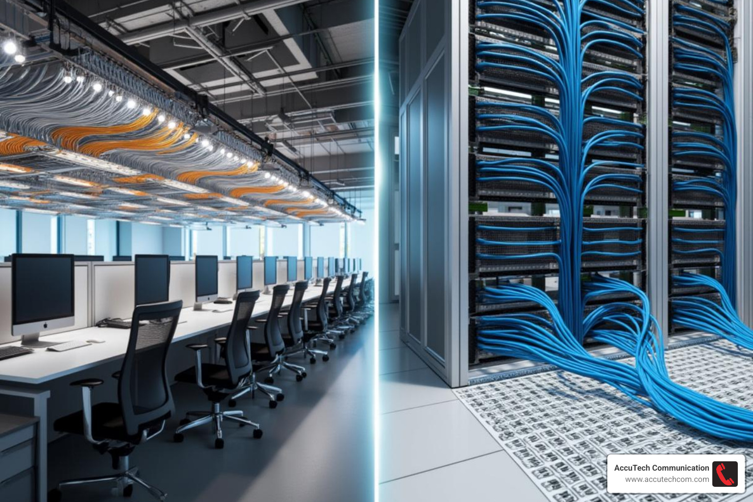 Image comparison: Overhead cable trays vs. underfloor cabling in a modern office or data center - data and network cabling