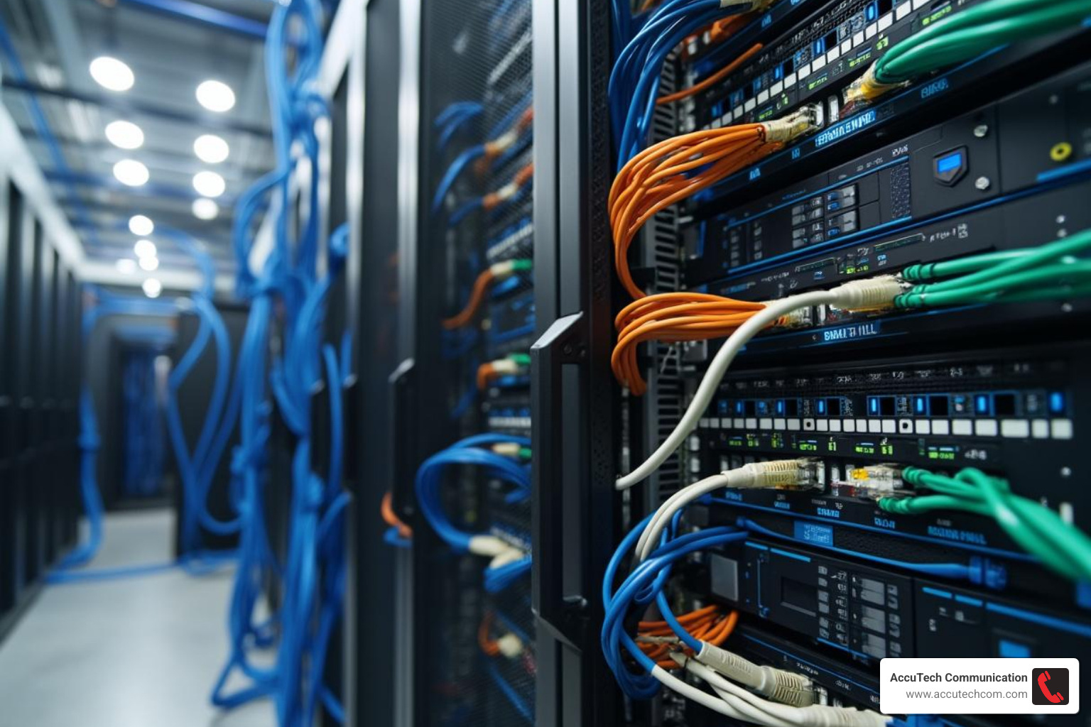 Server room with structured cabling: labeled patch panels, cable management, and color-coded wires - data and network cabling