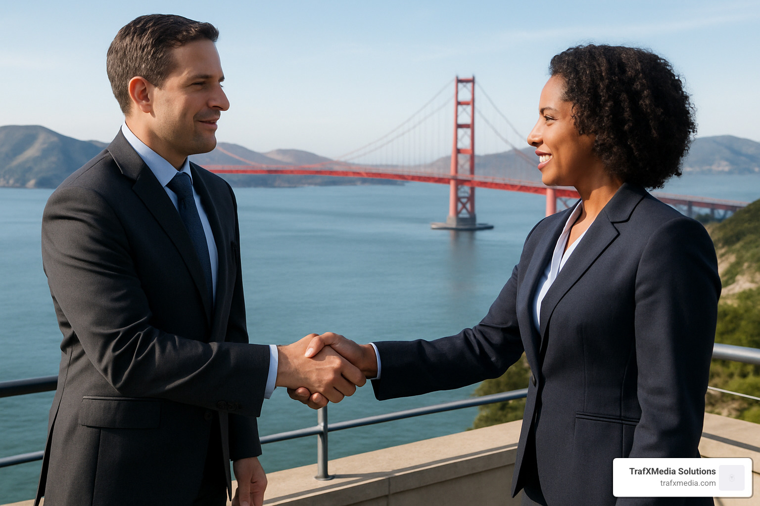 Business handshake overlooking San Francisco Bay - San Francisco lead generation Business handshake overlooking San Francisco Bay - San Francisco lead generation