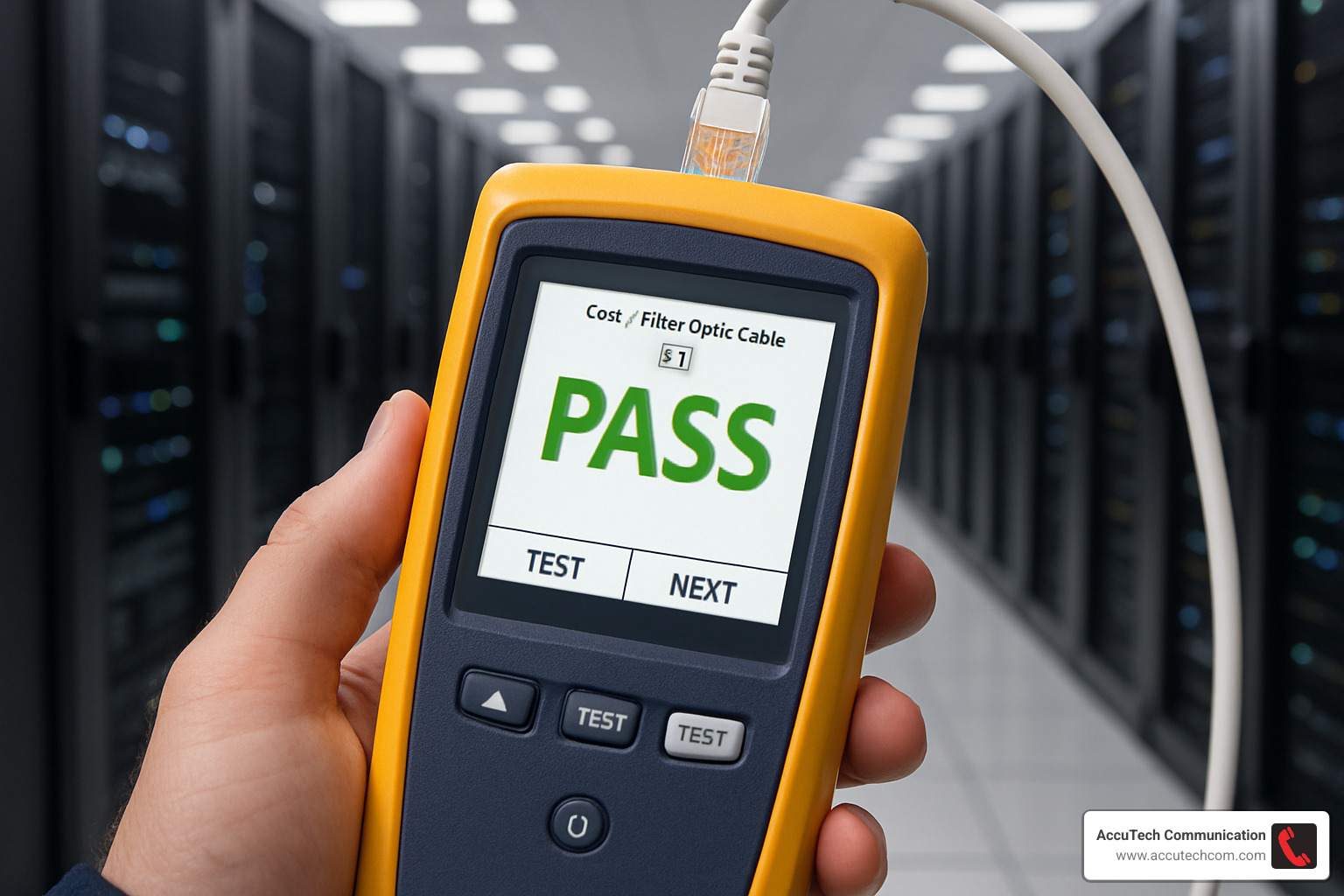 Handheld cable tester in use, showing pass/fail results for a Cat6 or fiber optic cable - data and network cabling