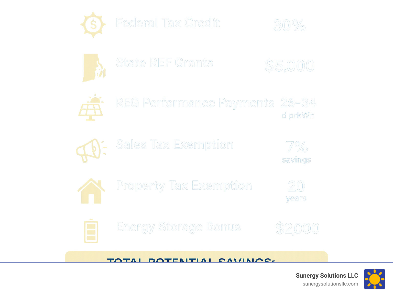 Comprehensive breakdown of Rhode Island solar incentives showing federal tax credit of 30%, state REF grants up to $5,000, REG performance payments of 26-34 cents per kWh, 7% sales tax exemption, 20-year property tax exemption, and $2,000 energy storage bonus, with total potential savings calculation - Rhode Island solar panel incentives infographic