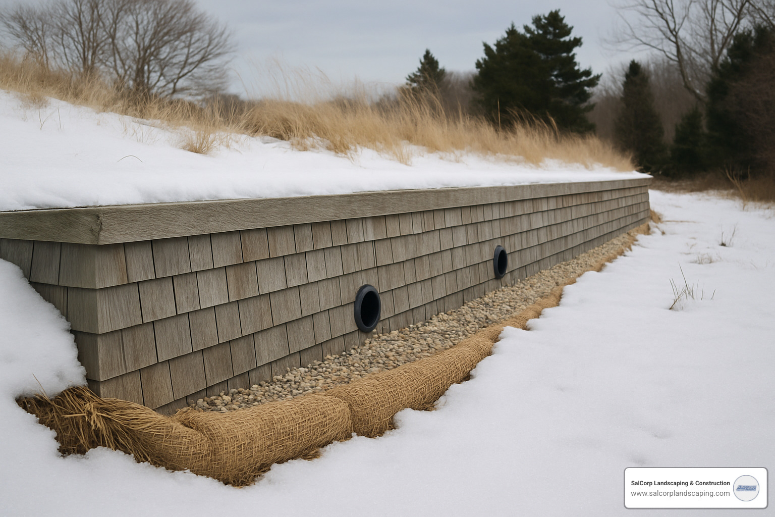 Winter-prepared retaining wall with proper drainage and seasonal protection measures - Cape Cod retaining walls