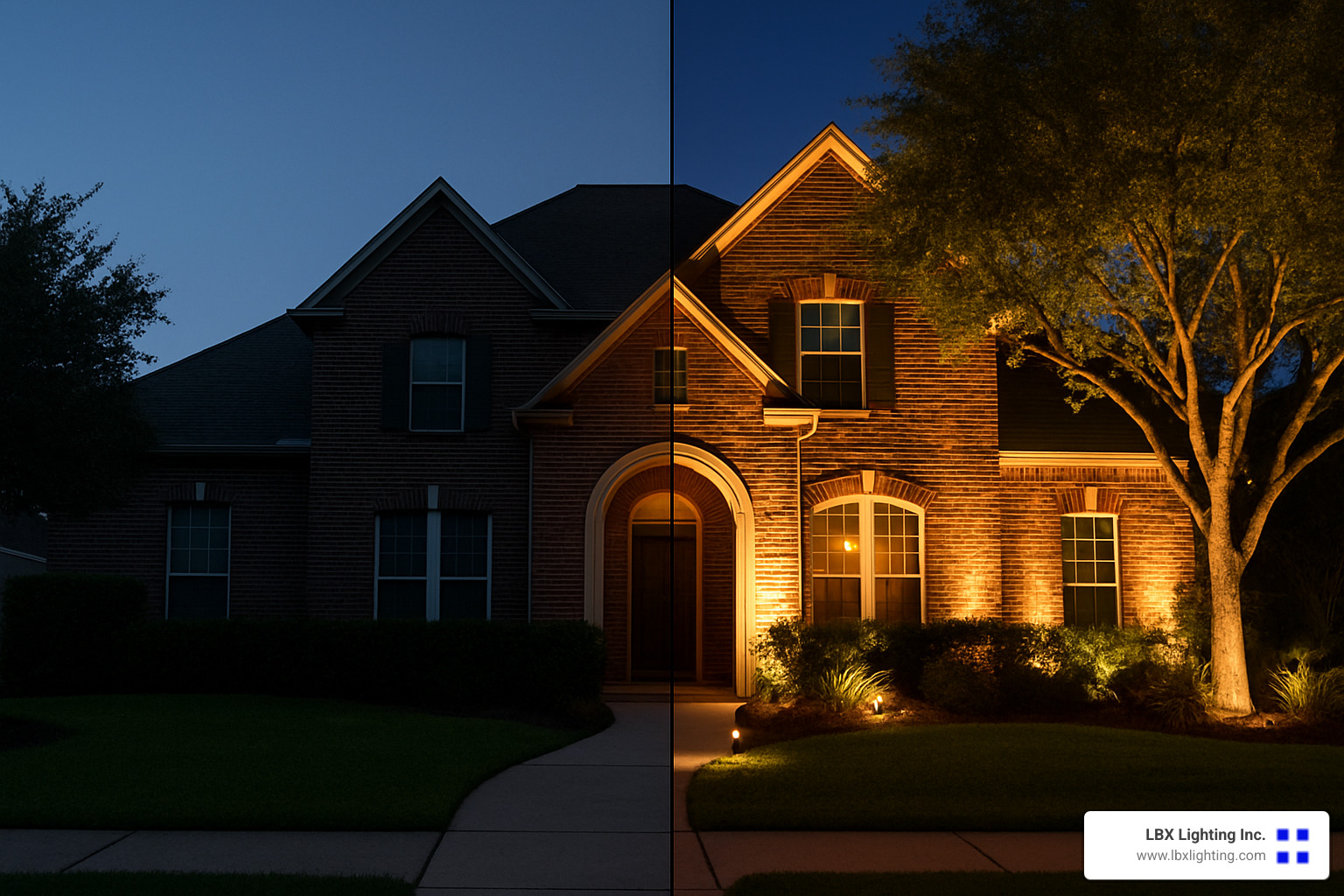 before and after property change showing dramatic improvement in curb appeal and property value with professional outdoor lighting installation - outdoor lighting houston