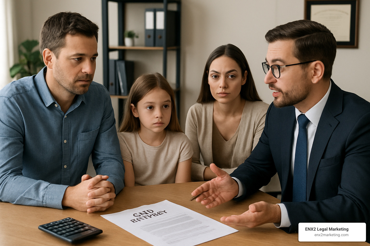 family meeting with lawyer, paperwork and calculator - child support legal advice