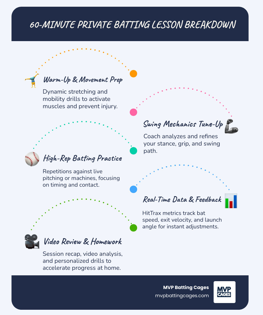 Detailed infographic showing the structure of a 60-minute private batting lesson including 10-minute warm-up and movement prep, 40-minute high-repetition batting practice with HitTrax data collection, and 10-minute post-session video review with personalized drill assignments - private batting lessons infographic infographic-line-5-steps-blues-accent_colors