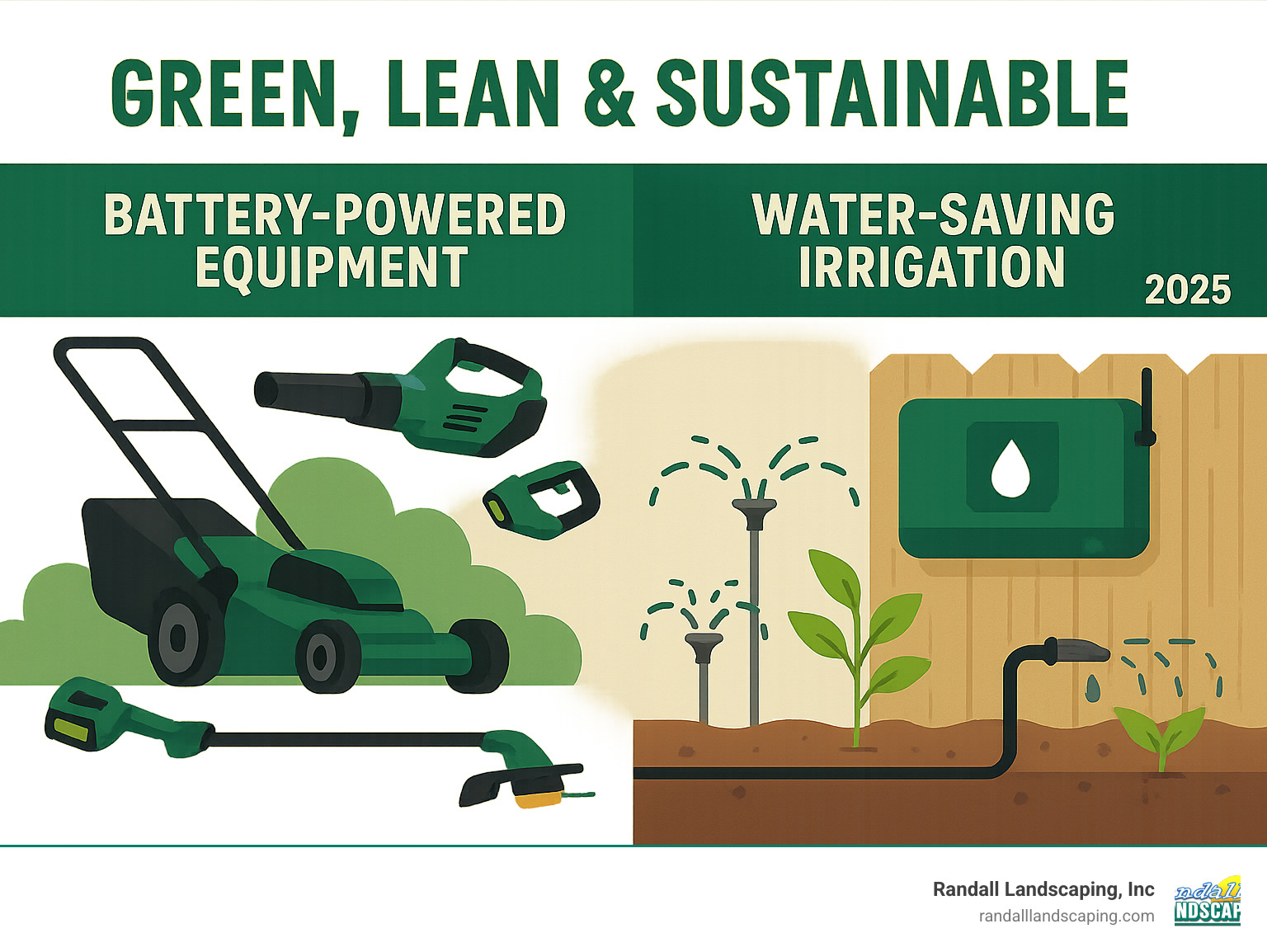 infographic showing battery-powered landscaping equipment and water-saving irrigation systems - Commercial Landscaper Near Me infographic 