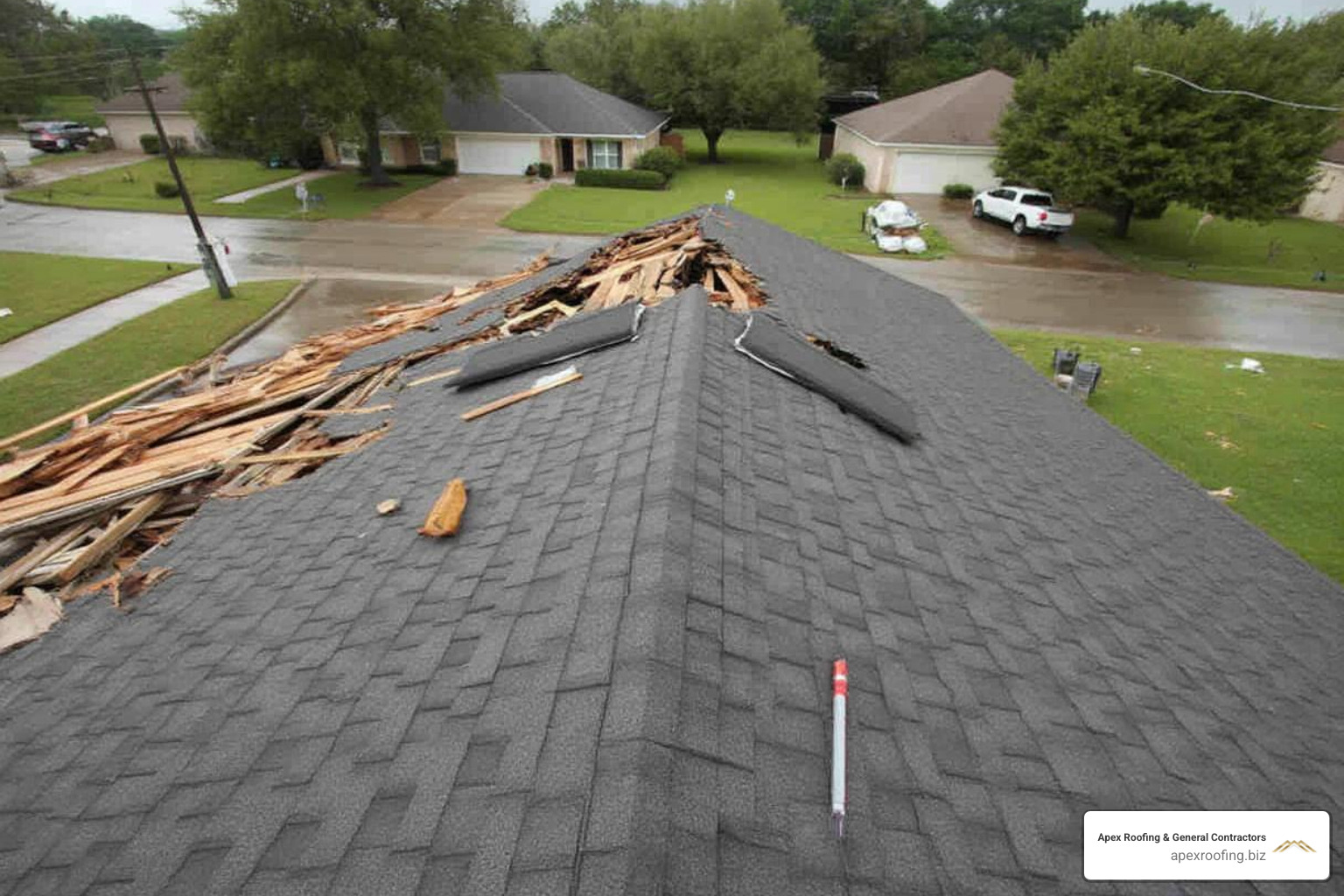 Severe storm damage on a San Antonio home showing missing shingles and exposed roof decking - emergency roofing san antonio