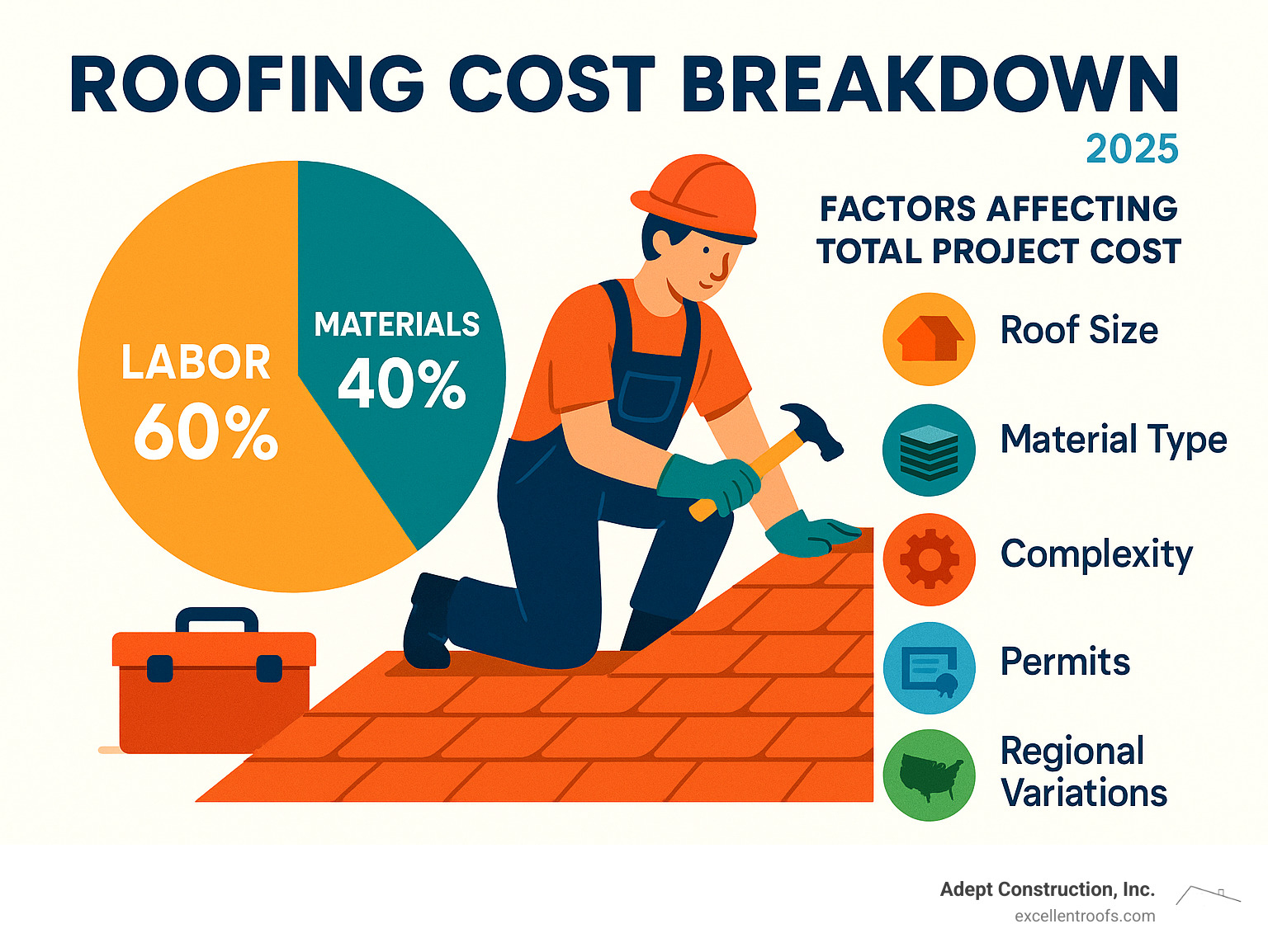 Infographic showing roofing cost breakdown: 60% labor costs, 40% materials, with factors including roof size, material type, complexity, permits, and regional variations affecting total project cost - affordable roofers near me infographic