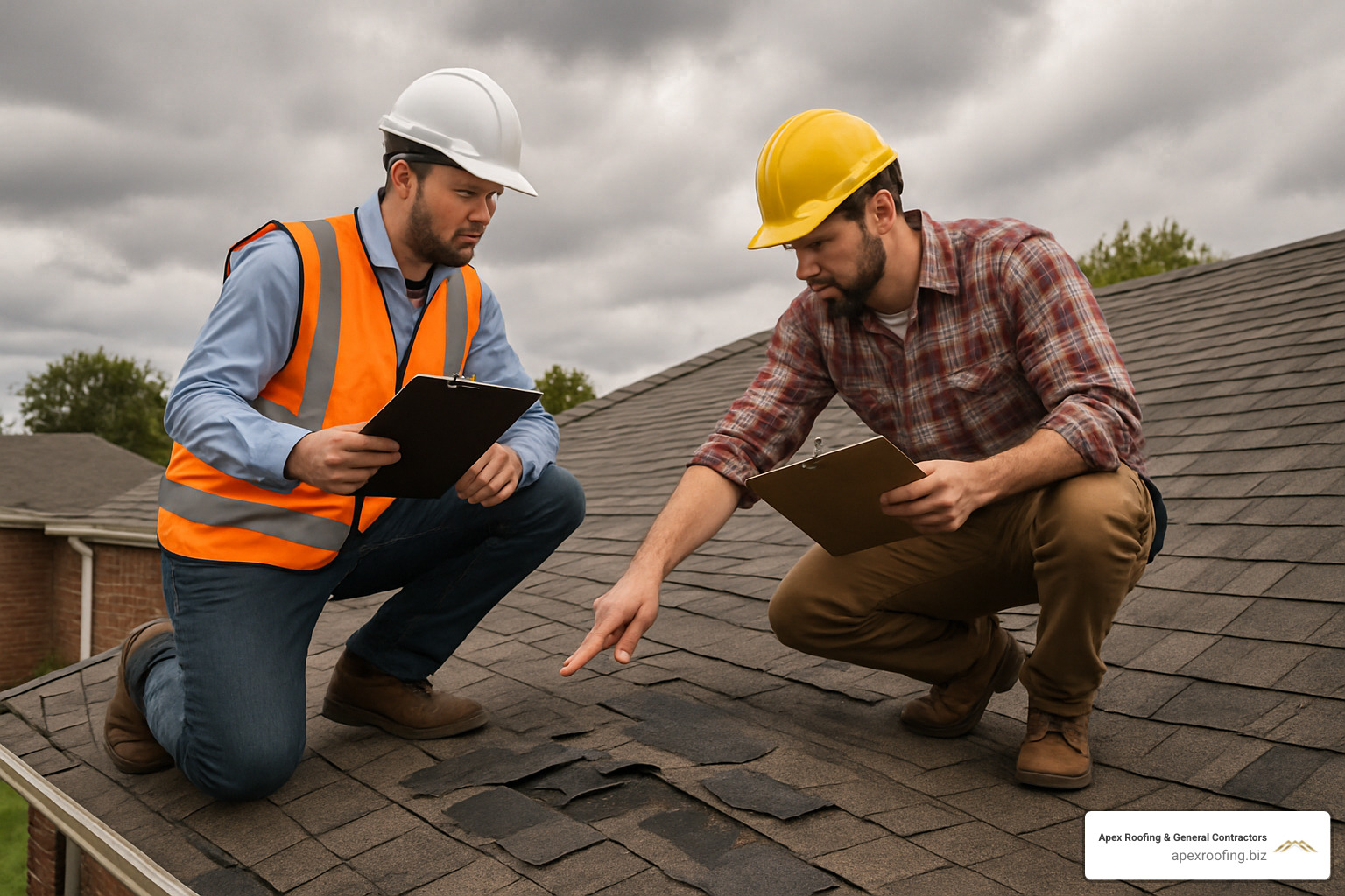 Insurance adjuster and roofing contractor inspecting storm damage together - emergency roofing san antonio