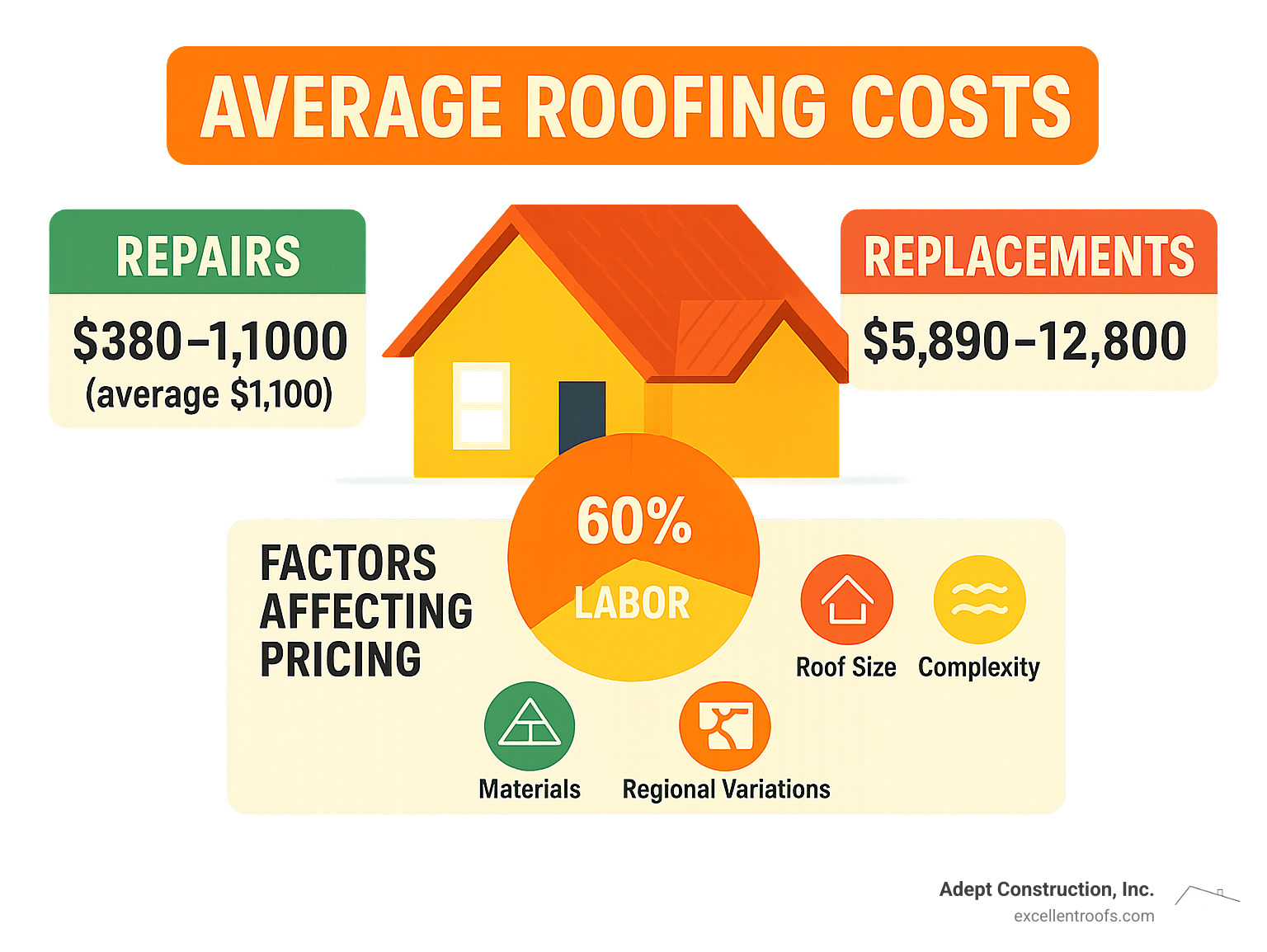 Infographic showing average roofing costs: repairs $380-$1800 (average $1100), replacements $5890-$12800, with 60% labor costs and factors affecting pricing including materials, roof size, complexity, and regional variations - affordable roofers near me infographic
