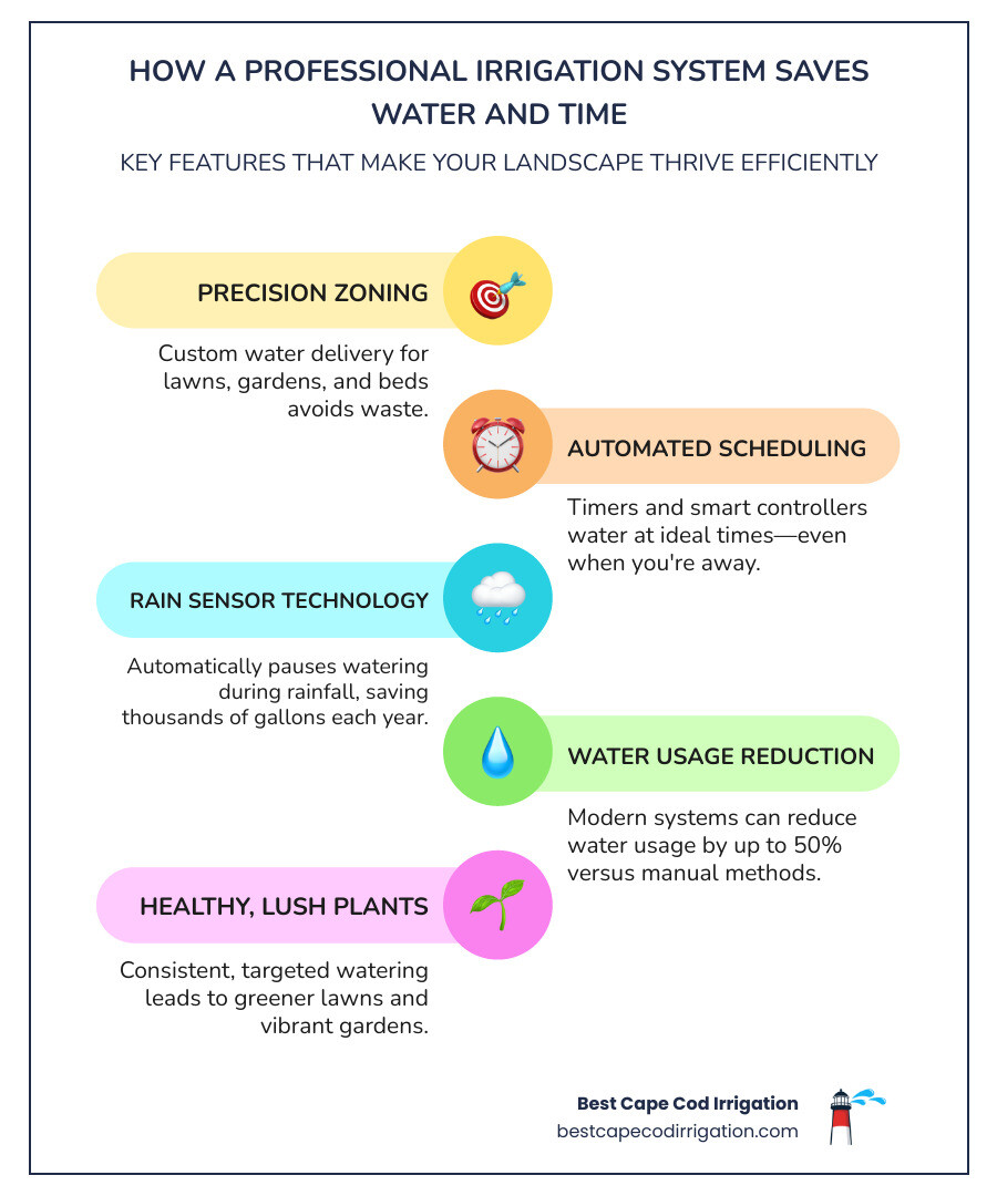 Infographic highlighting 50% water savings, automated scheduling, rain sensor tech, and zoning capabilities