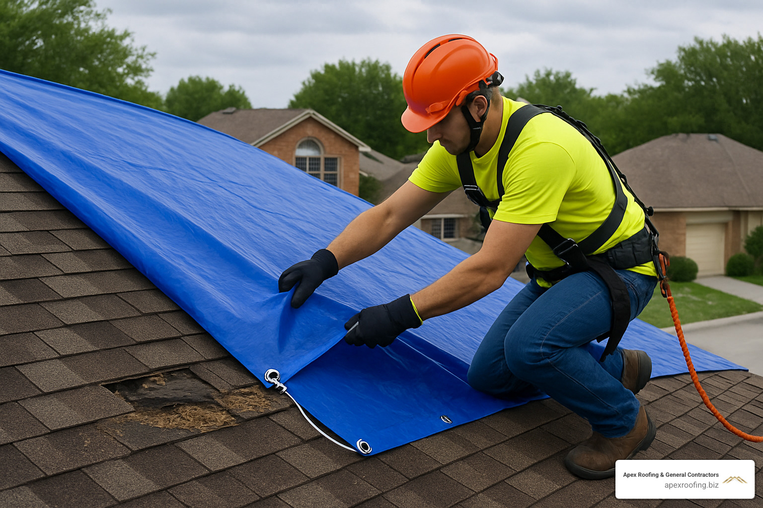 Homeowner safely installing emergency tarp on damaged roof while wearing proper safety equipment - emergency roofing san antonio