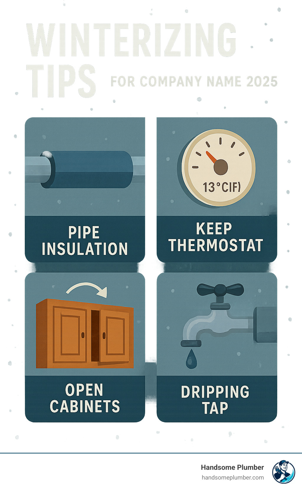 infographic of winterizing tips: pipe insulation, thermostat, opening cabinets, dripping tap - burst pipe repair infographic 