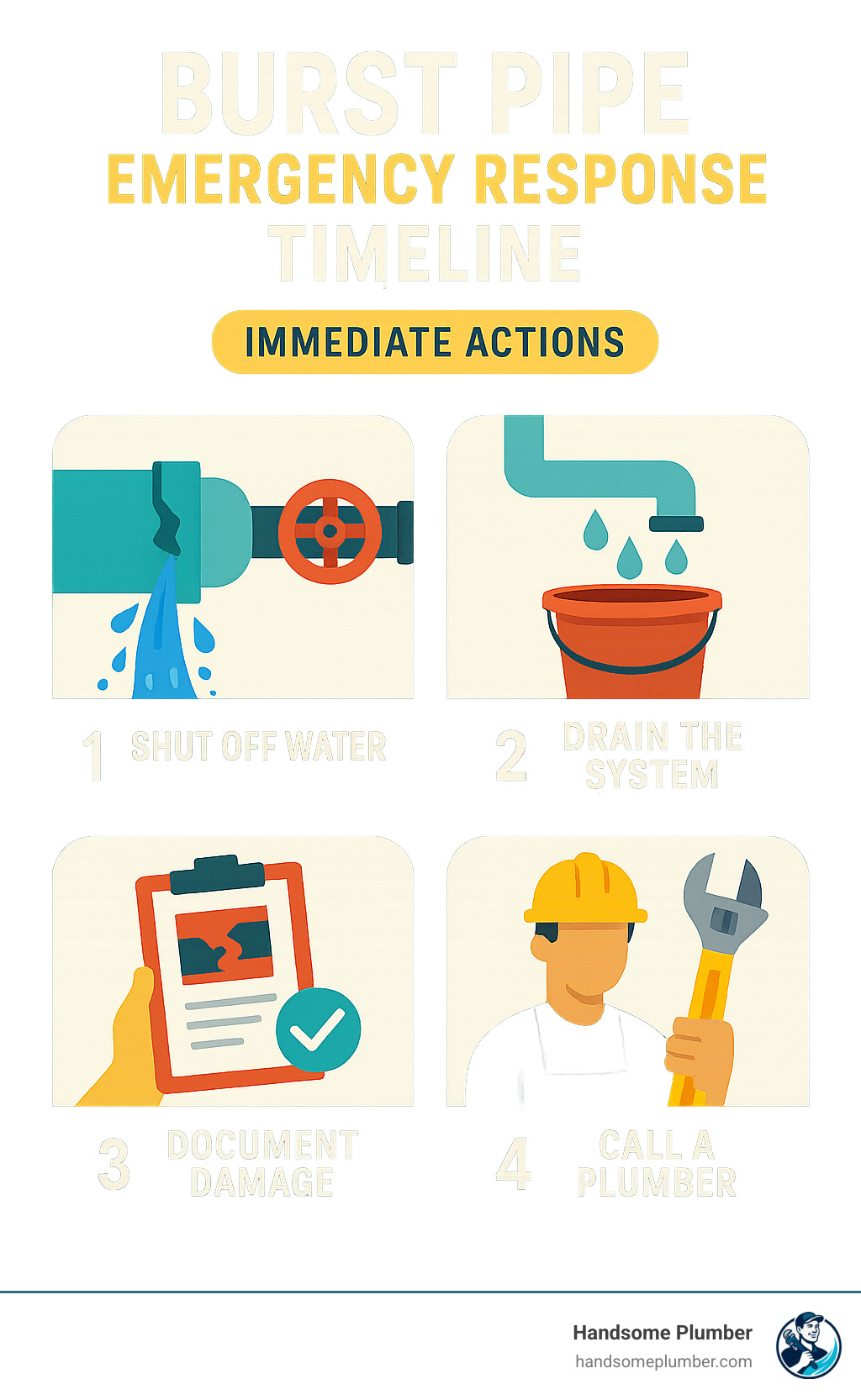 Burst pipe emergency response timeline showing immediate actions - burst pipe repair infographic 
