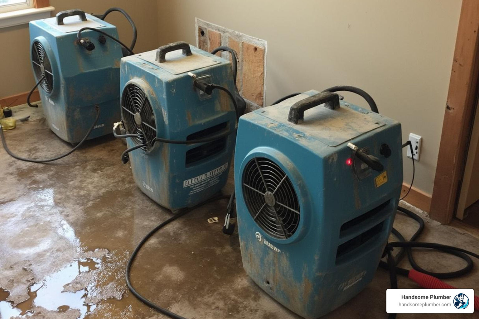 image showing industrial drying fans and dehumidifiers drying out a water-damaged home - burst pipe repair