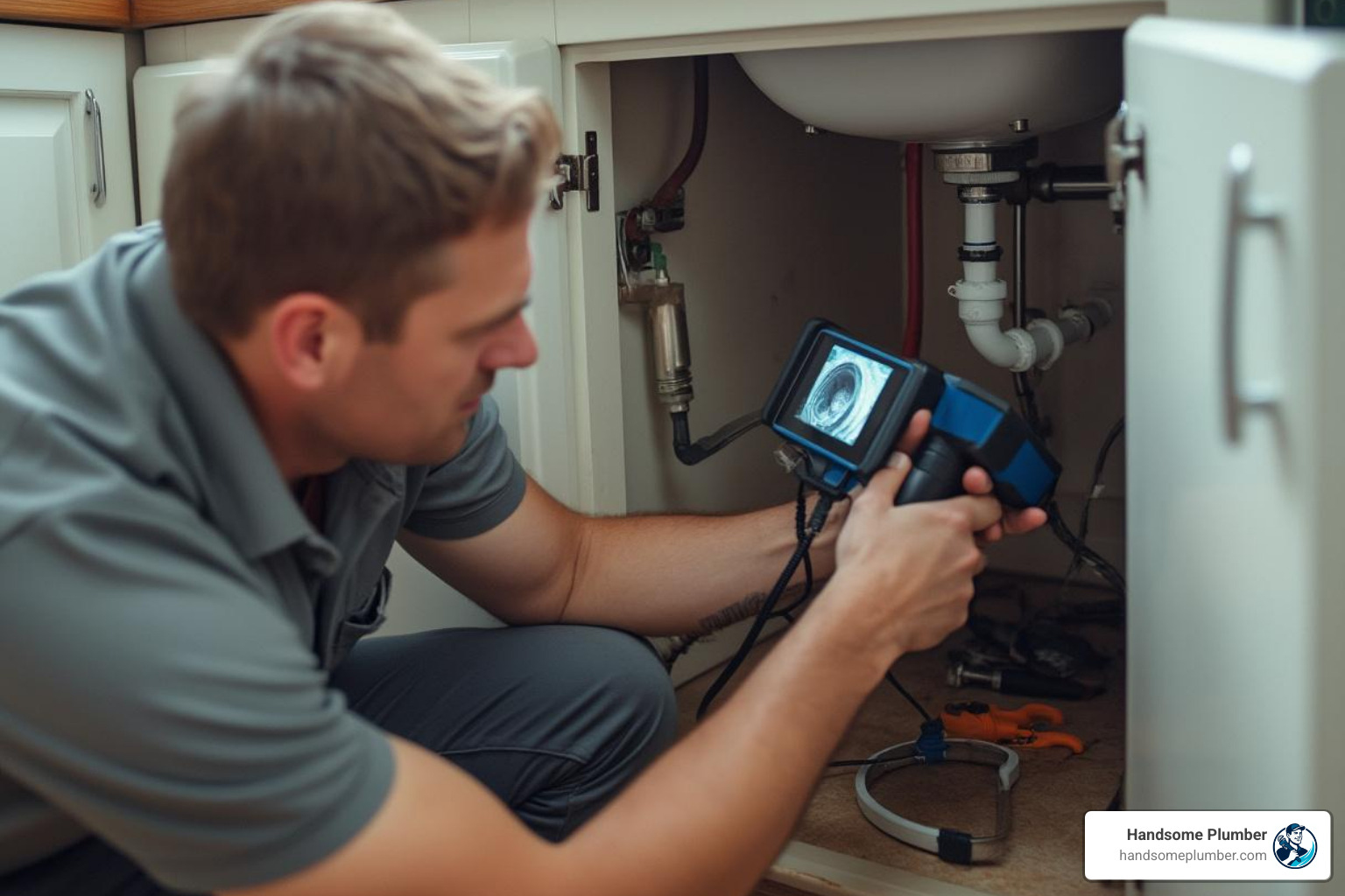 plumber using a camera scope to inspect inside a burst pipe - burst pipe repair