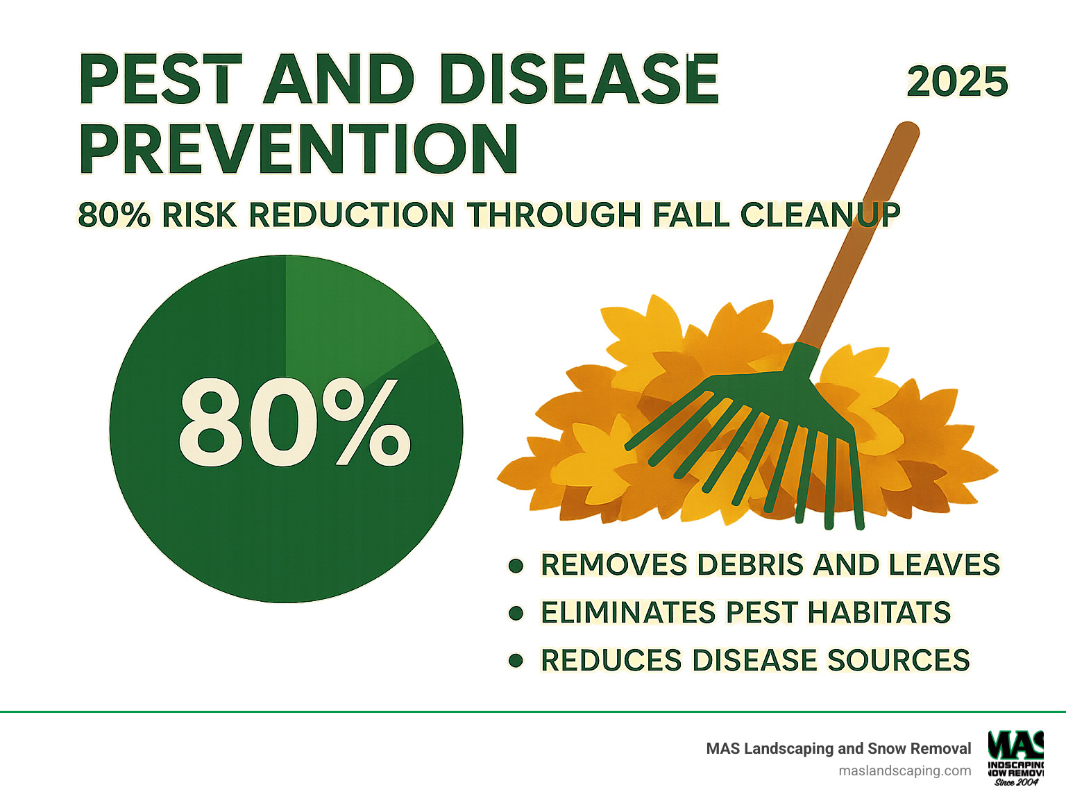 Infographic showing pest and disease prevention statistics, highlighting 80% risk reduction through fall cleanup services - fall landscaping services infographic 