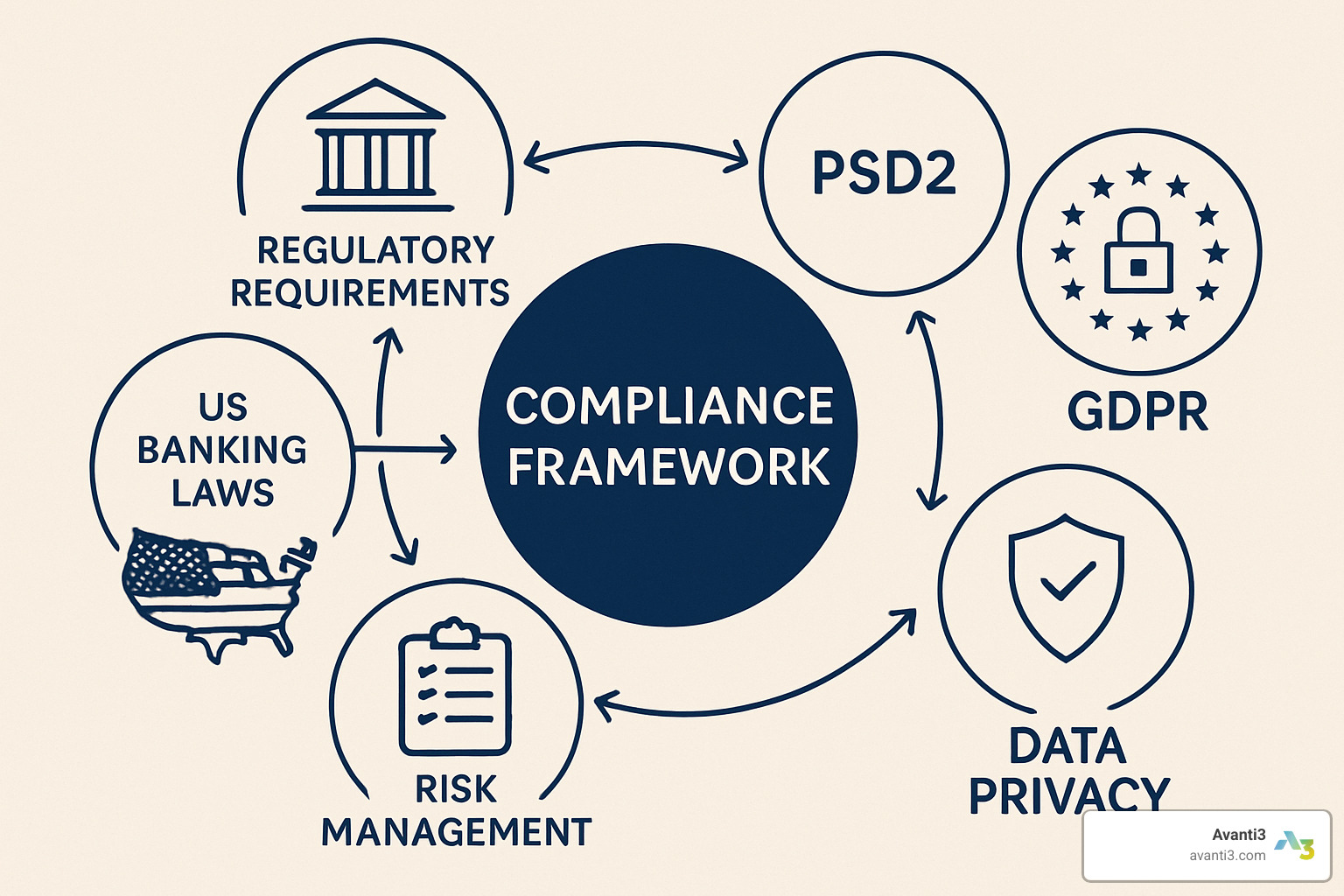 compliance framework diagram showing regulatory requirements and risk management protocols - how do fintech companies integrate with banks