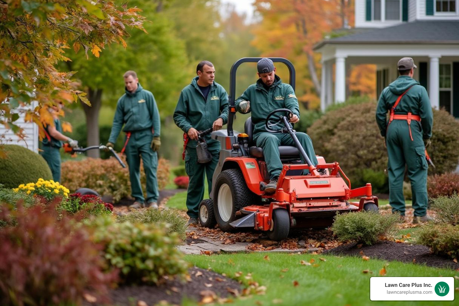 Professional landscaping team working on a Massachusetts property with seasonal equipment and native plants - landscapers in massachusetts