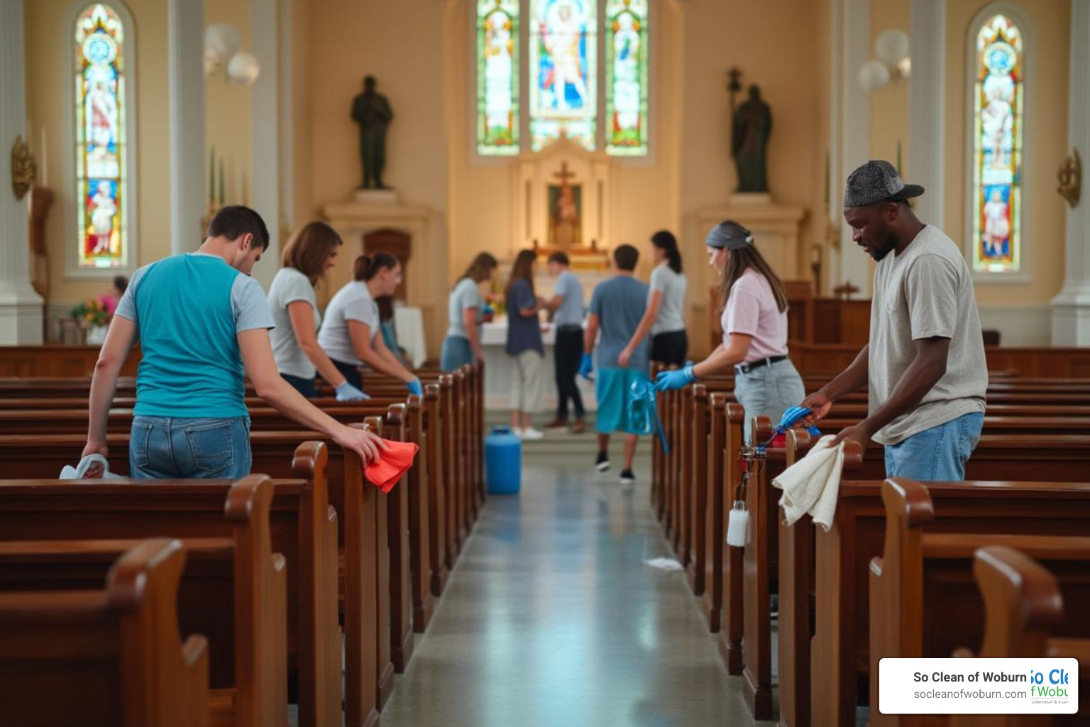 team cleaning pews - churches looking for cleaning services