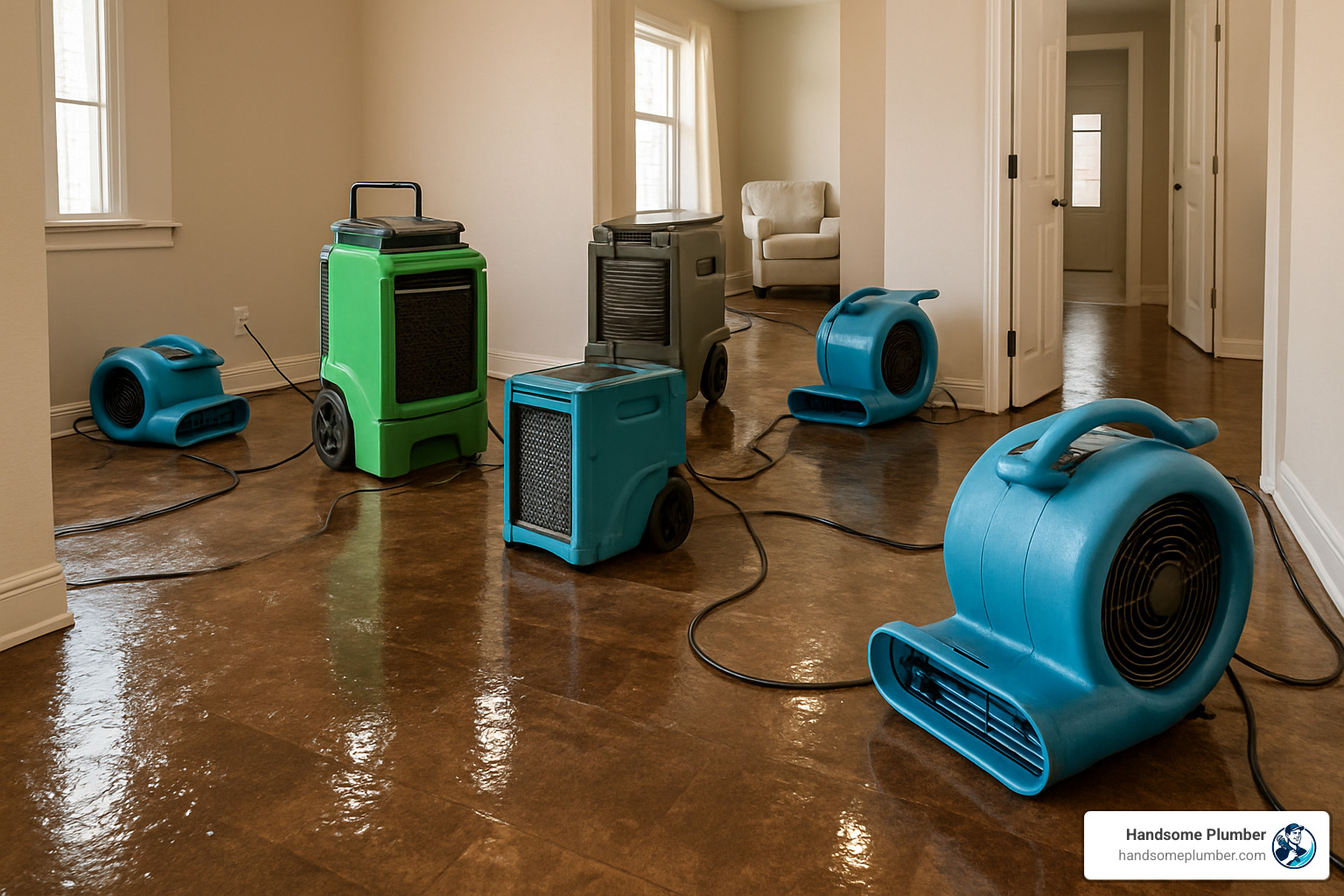 industrial drying fans and dehumidifiers in water-damaged home - burst pipe repair