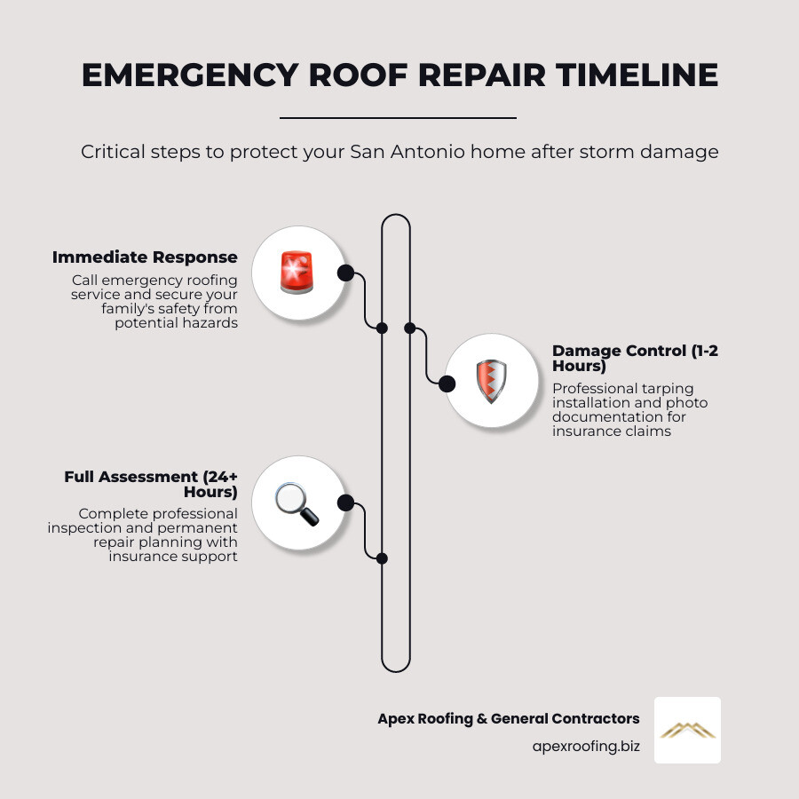 Infographic showing the Emergency Roof Repair Timeline: Immediate (Call Apex Roofing & contain leaks), Next 1-2 hours (Tarp and document damage), 24 hours+ (Full professional inspection and insurance claim support) - emergency roofing san antonio infographic infographic-line-3-steps-neat_beige