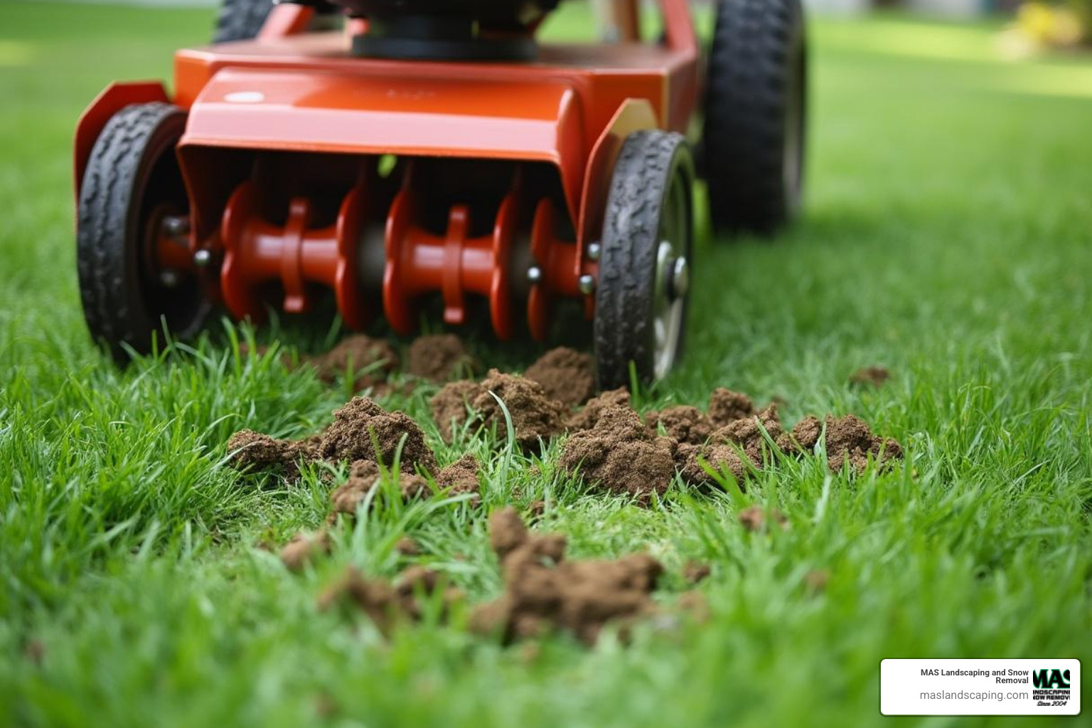 Core aeration machine creating holes in lawn with soil plugs visible - fall landscaping services