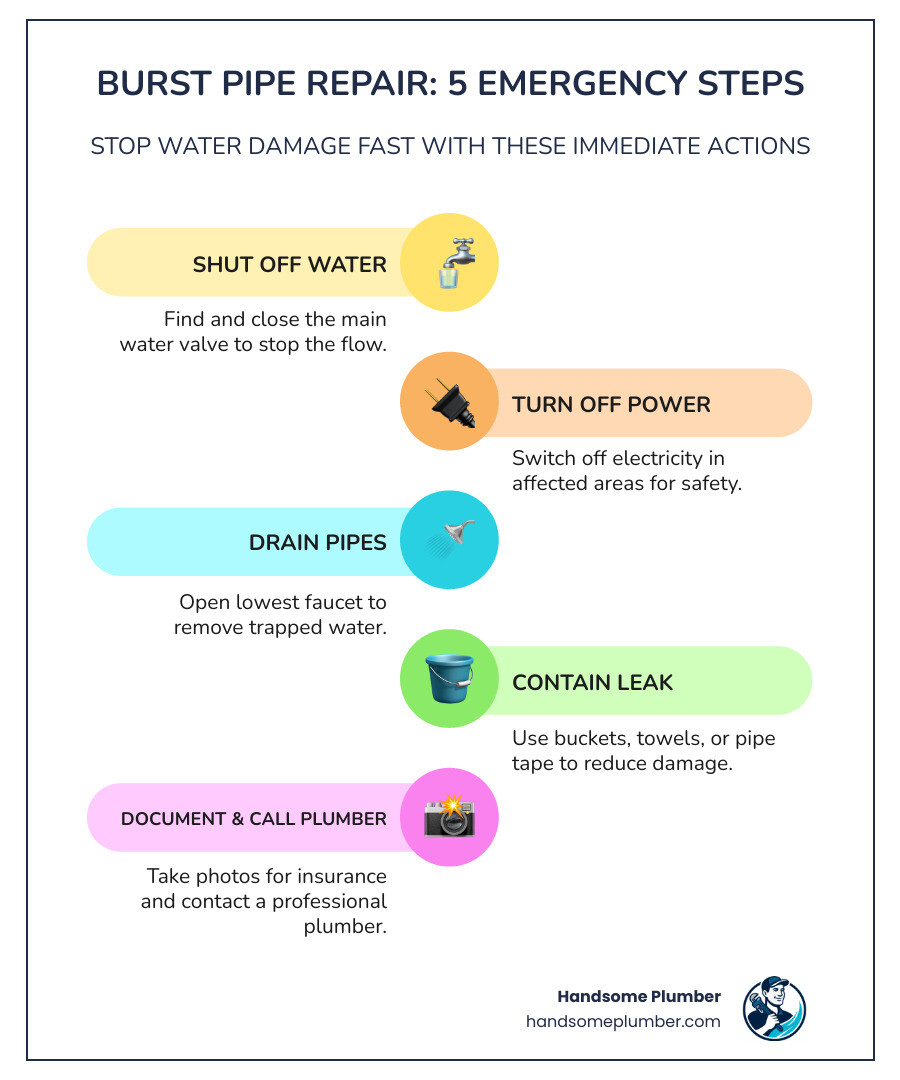 Infographic showing 7 emergency steps for burst pipe repair: shut off water, turn off power, drain pipes, document, contain leak, call plumber, begin cleanup - burst pipe repair infographic infographic-line-5-steps-colors