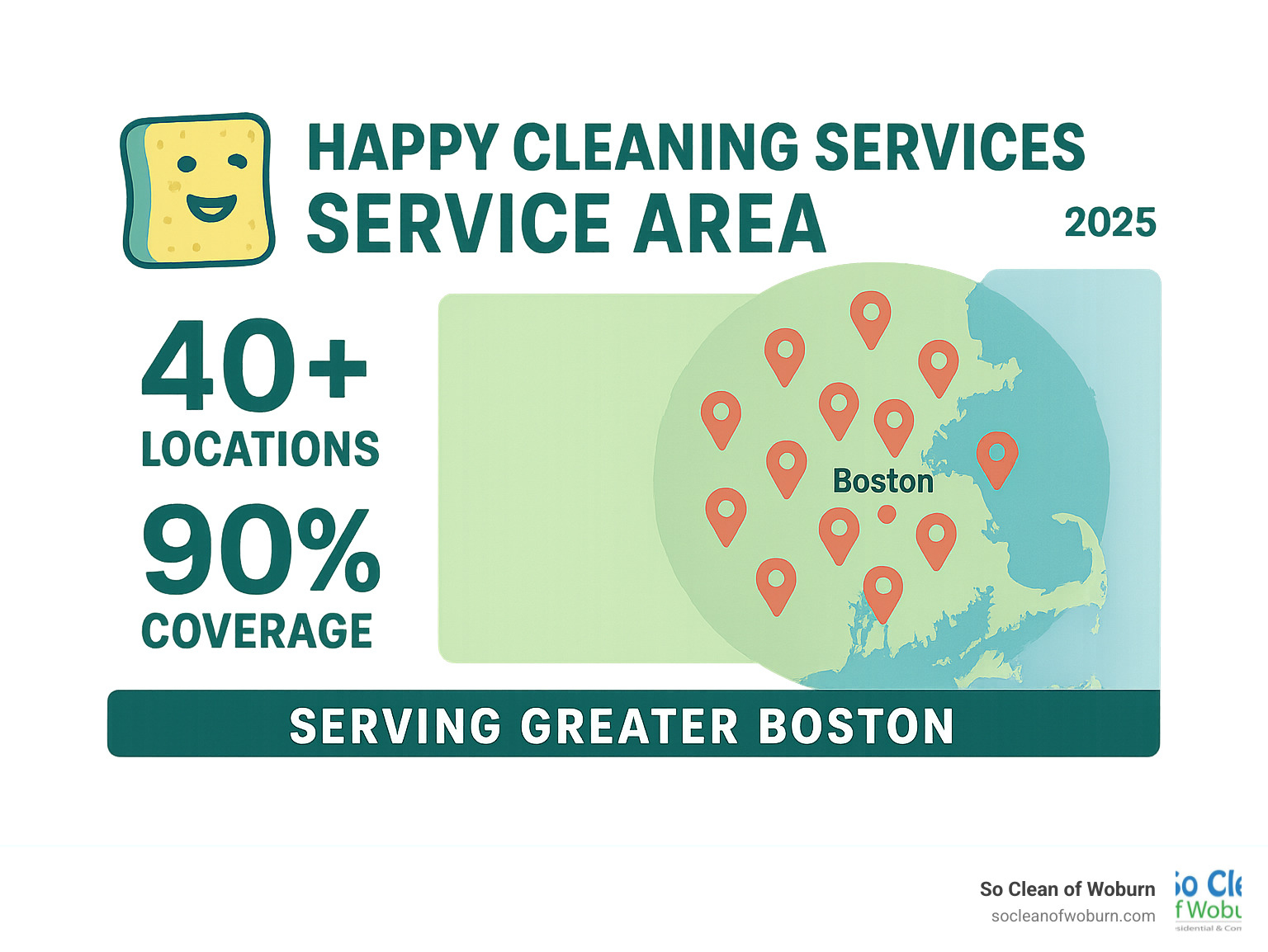 Service area coverage map showing Greater Boston area locations with cleaning service availability statistics - happy cleaning services infographic 